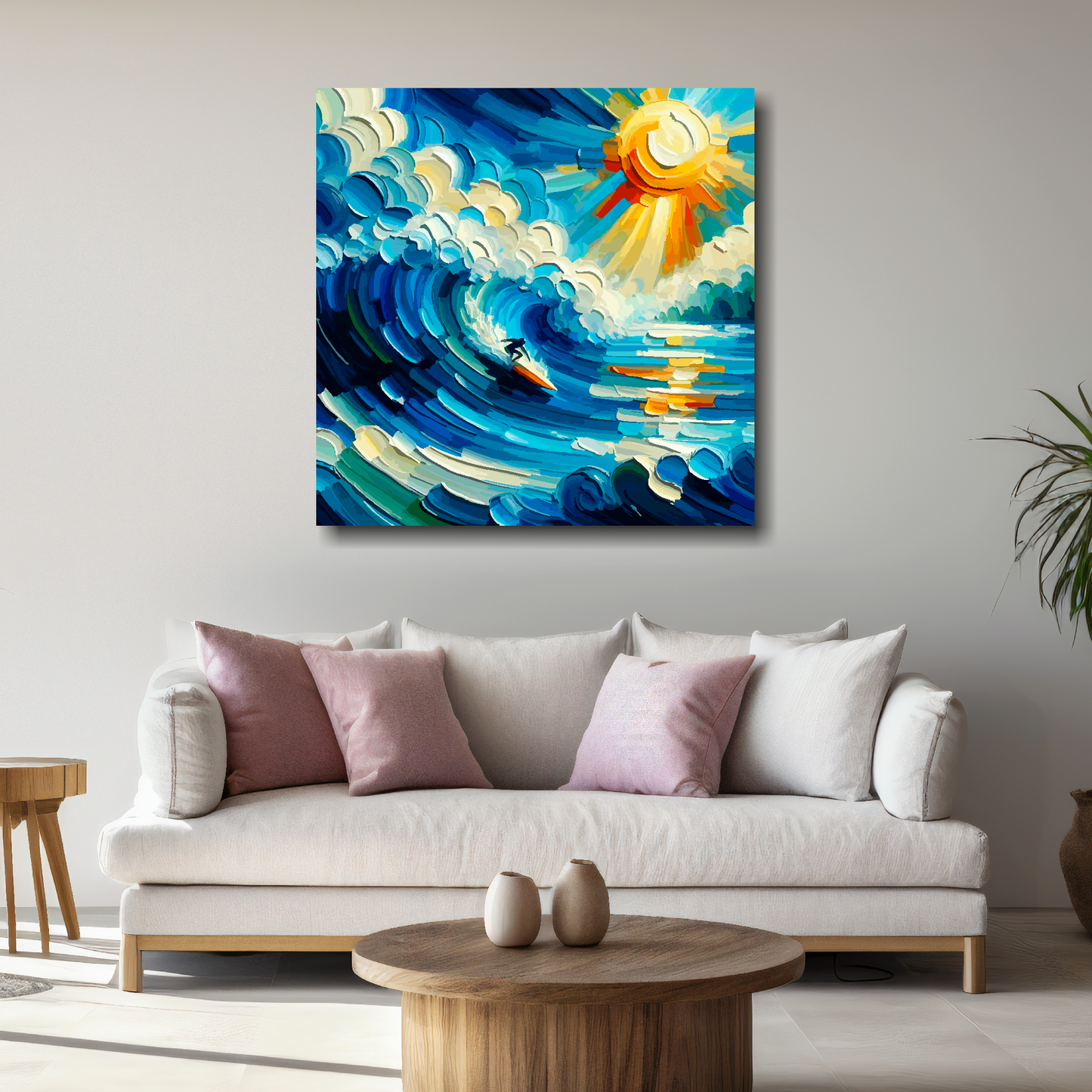 Large wavebound canvas above white sofa - vibrant abstract surfing wall art UK