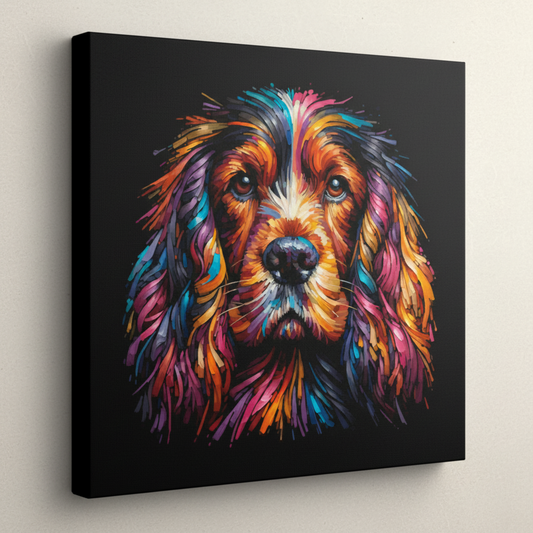 Colourful Sussex Spaniel dog portrait canvas print - UK made abstract pet wall art black background