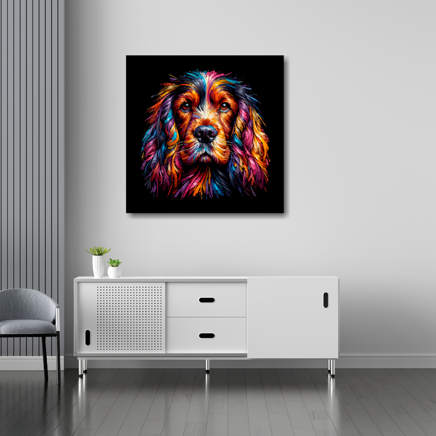 Sussex Spaniel canvas 30x30 inches above sideboard - large colourful dog portrait UK made