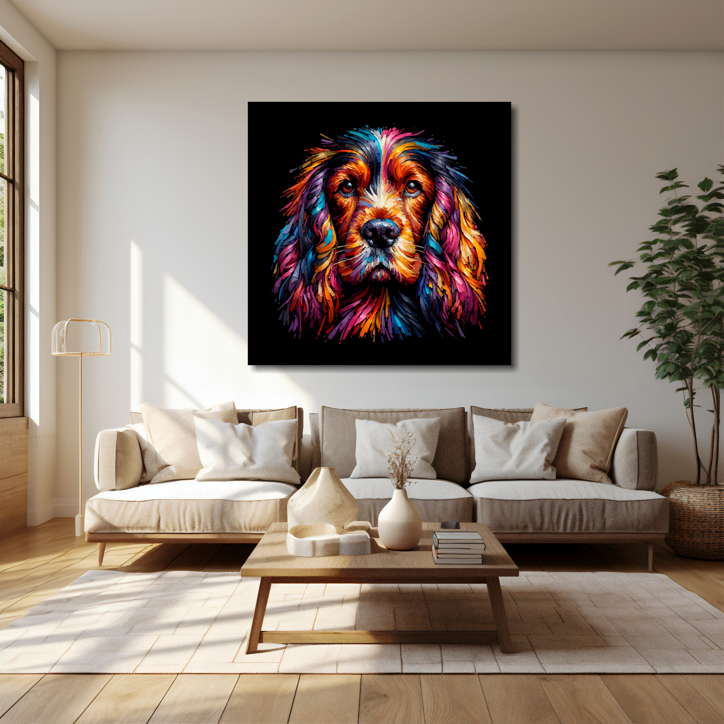 Sussex Spaniel canvas 40x40 inches above cream sofa - XL vibrant dog wall art UK