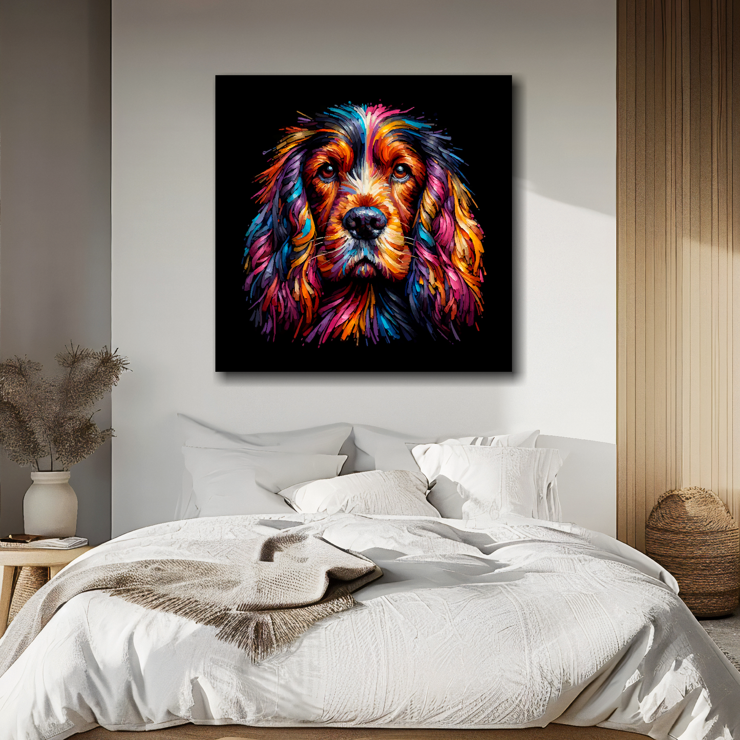 Sussex Spaniel portrait canvas above bed - colourful dog wall decor for UK bedrooms