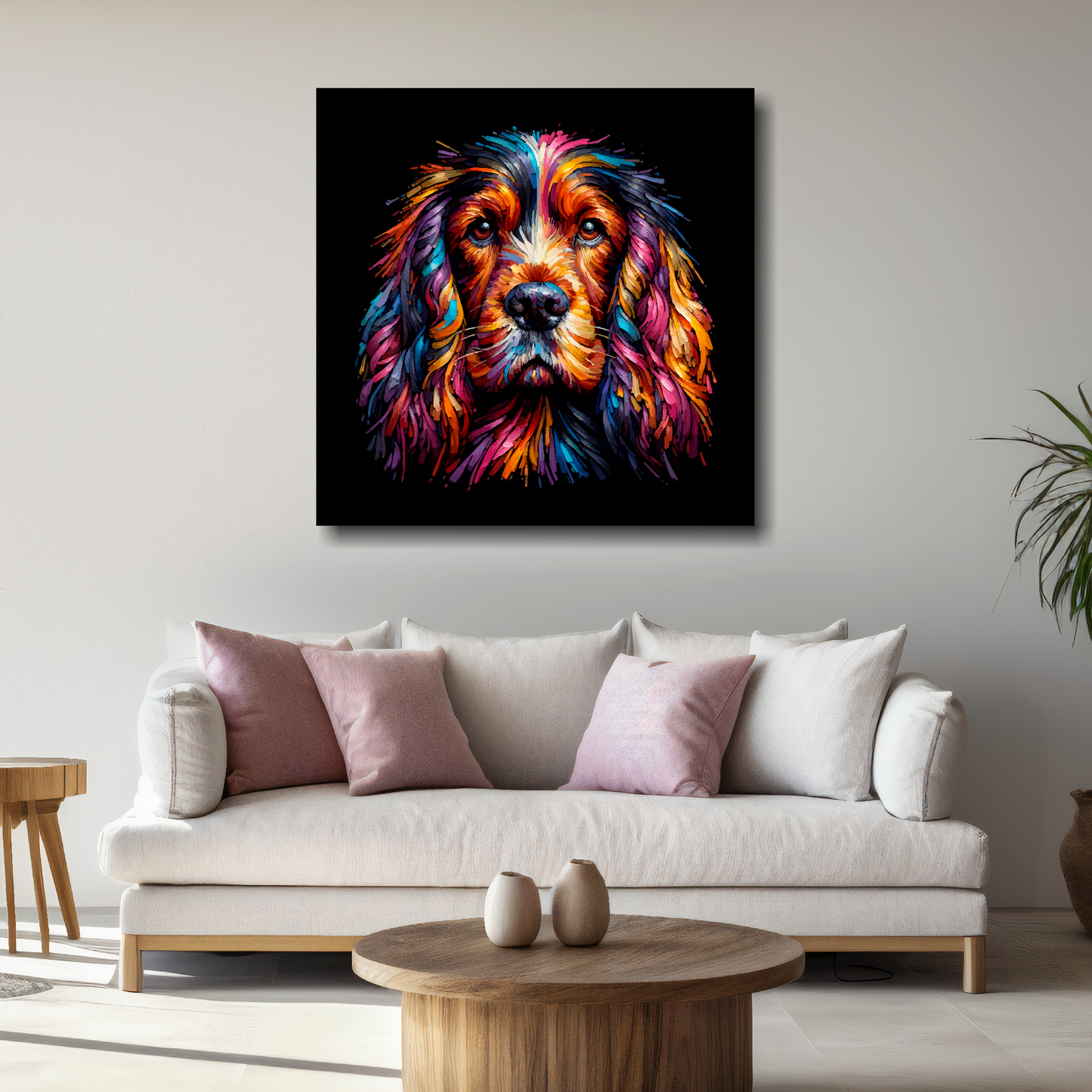 Large Sussex Spaniel canvas above white sofa - vibrant abstract dog portrait wall art UK