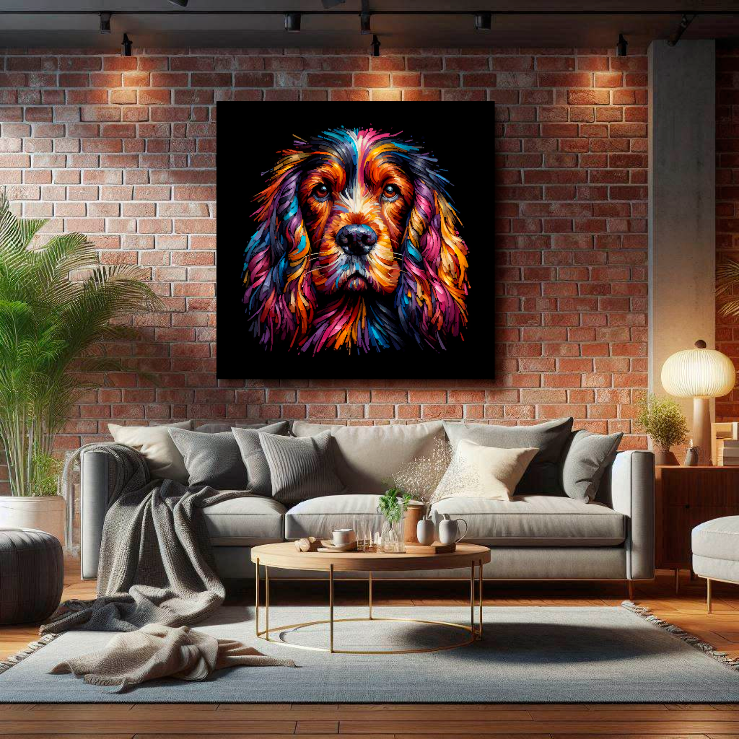 Large Sussex Spaniel canvas on brick wall above grey sofa - bold dog portrait UK living room