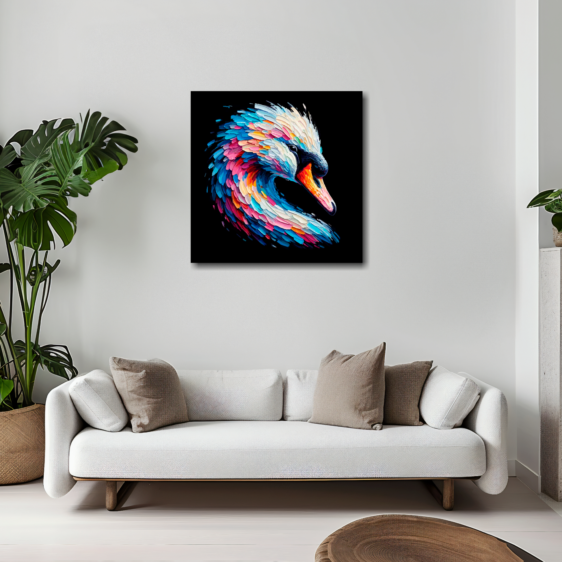 Swan canvas 20x20 inches above white sofa - vibrant bird portrait wall art UK