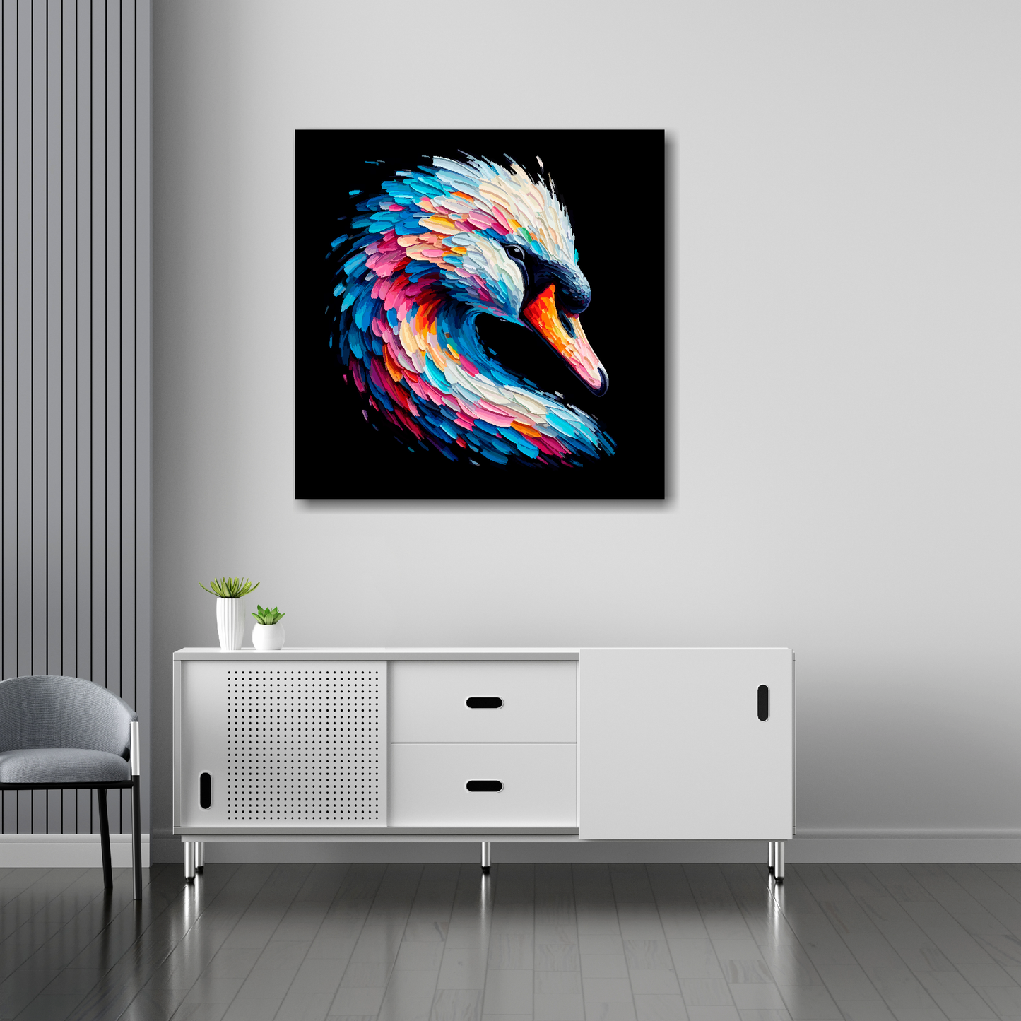 Swan canvas 30x30 inches above sideboard - large colourful bird portrait UK made