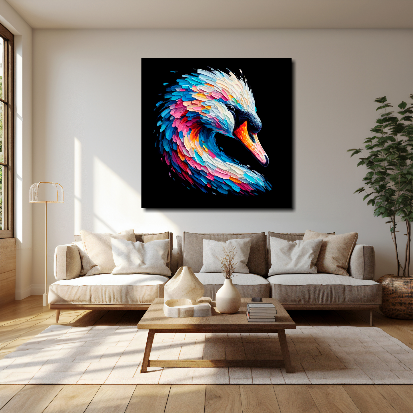 Swan canvas 40x40 inches above cream sofa - XL vibrant bird wall art UK