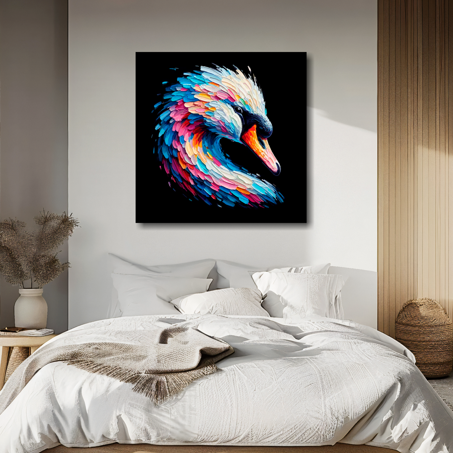 Swan portrait canvas above bed - colourful bird wall decor for UK bedrooms