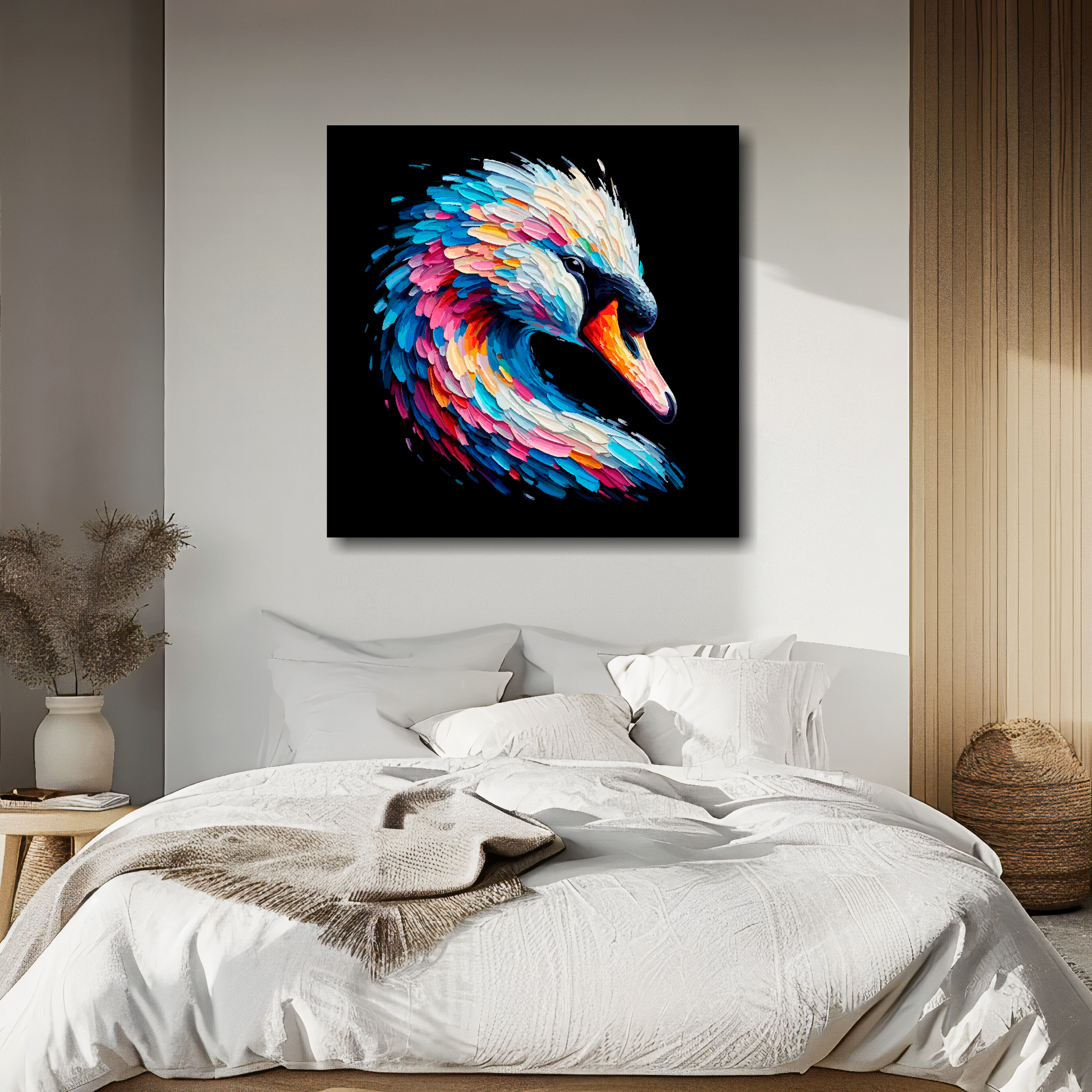 Swan portrait canvas above bed - colourful bird wall decor for UK bedrooms