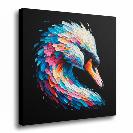 Colourful Swan bird portrait canvas print - UK made abstract wildlife wall art black background