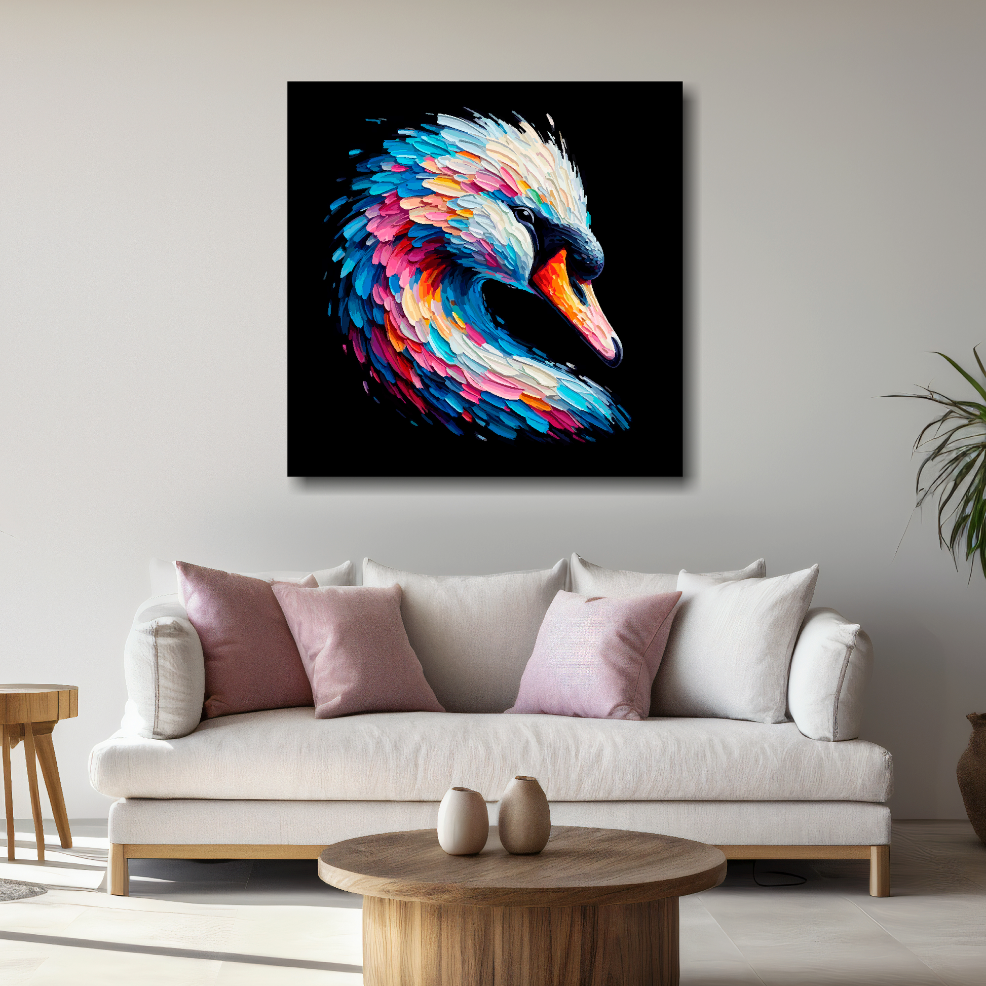 Large Swan canvas above white sofa - vibrant abstract bird portrait wall art UK