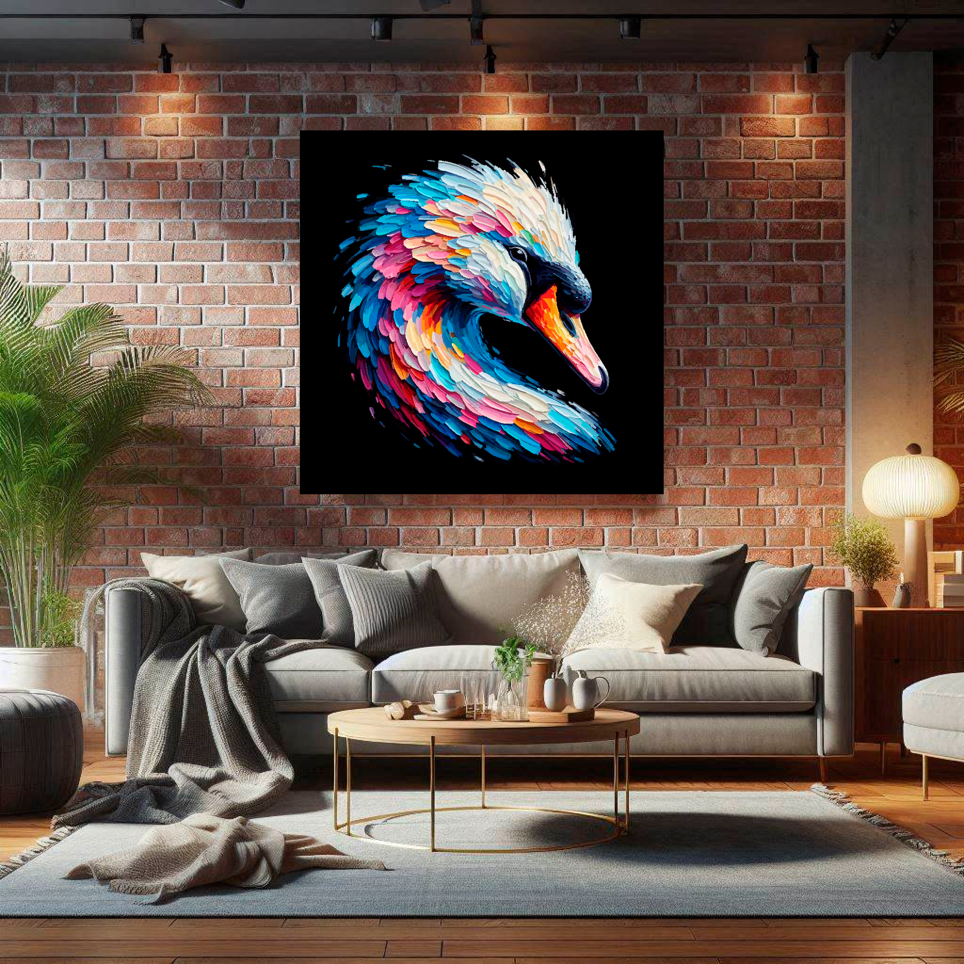 Large Swan canvas on brick wall above grey sofa - bold bird portrait UK living room
