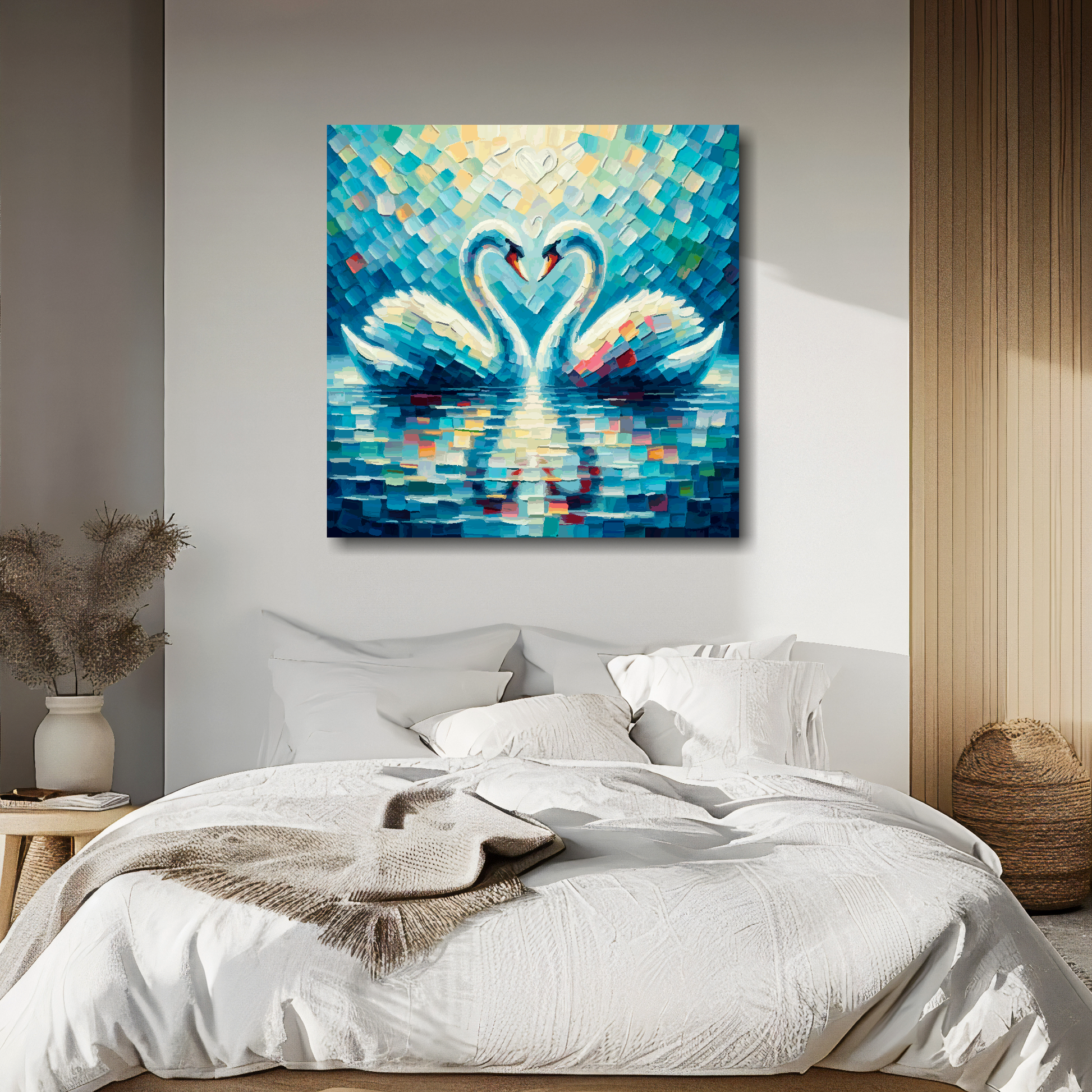 Love swans portrait canvas above bed - colourful bird wall decor for UK bedrooms