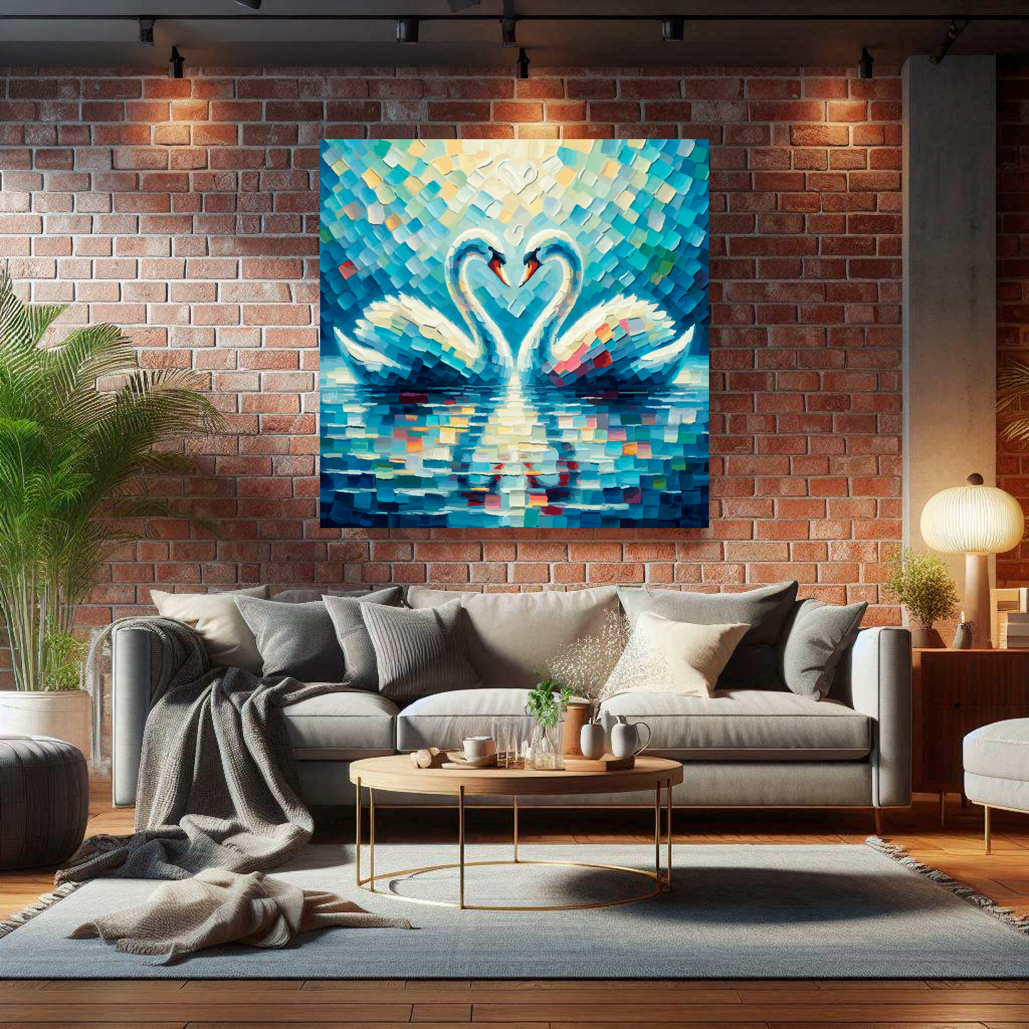 Large love swans canvas on brick wall above grey sofa - bold bird romantic UK living room