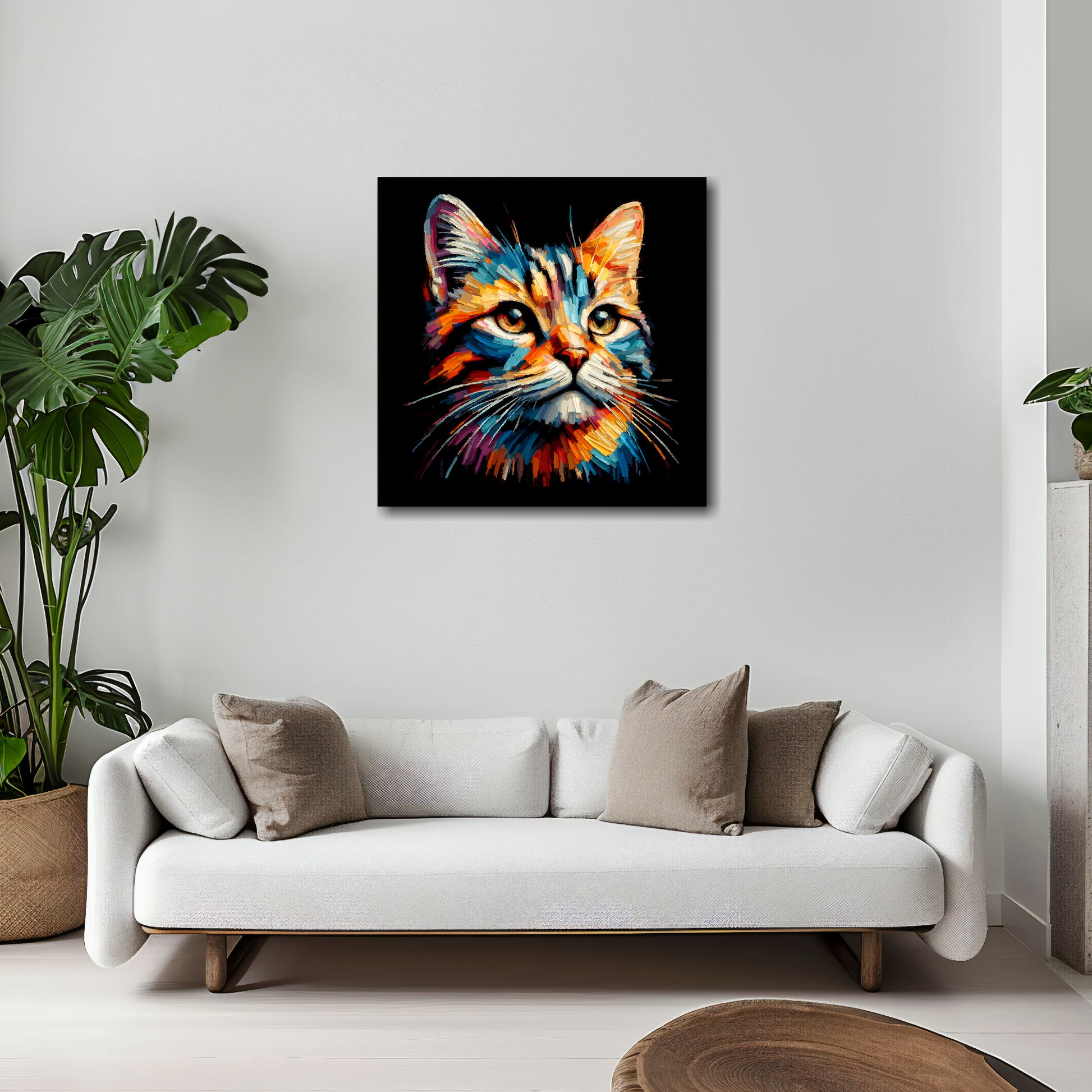 Tabby cat canvas 20x20 inches above white sofa - vibrant cat portrait wall art UK