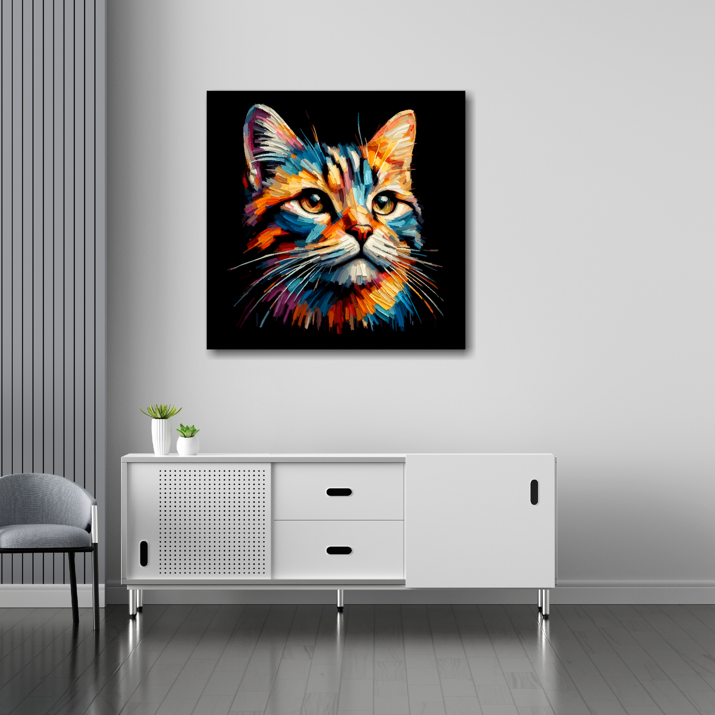 Tabby cat canvas 30x30 inches above sideboard - large colourful cat portrait UK made