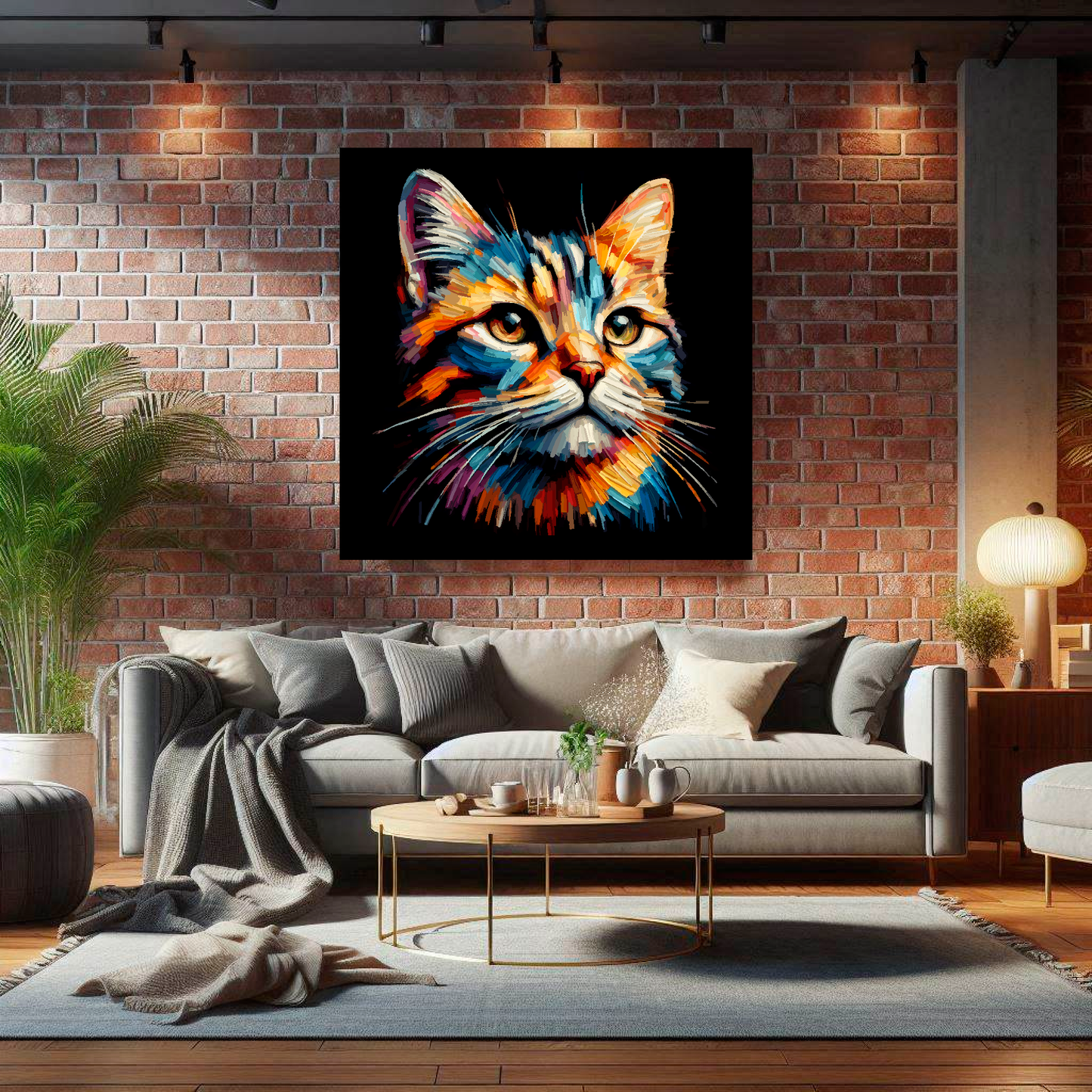 Large Tabby cat canvas on brick wall above grey sofa - bold cat portrait UK living room