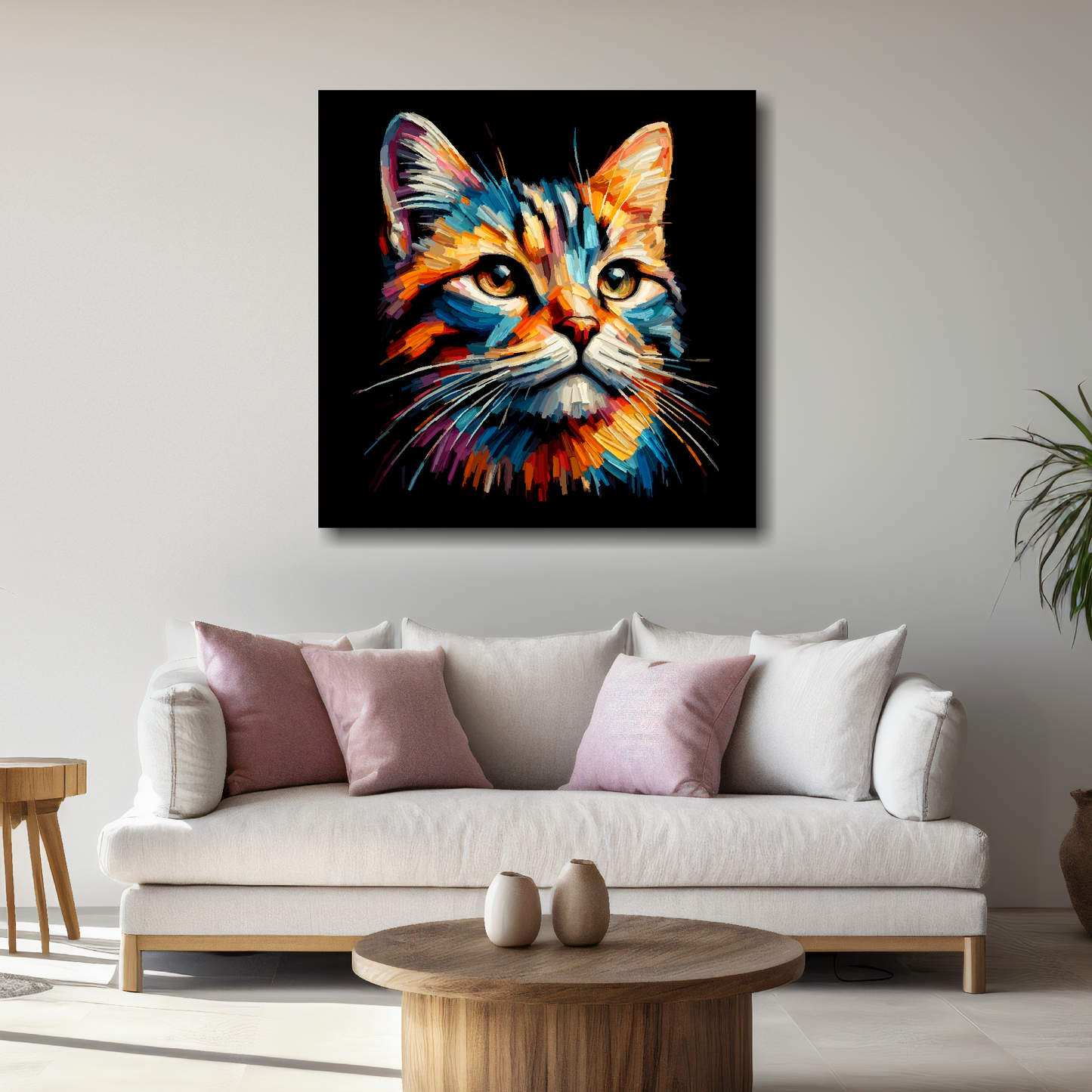 Large Tabby cat canvas above white sofa - vibrant abstract cat portrait wall art UK