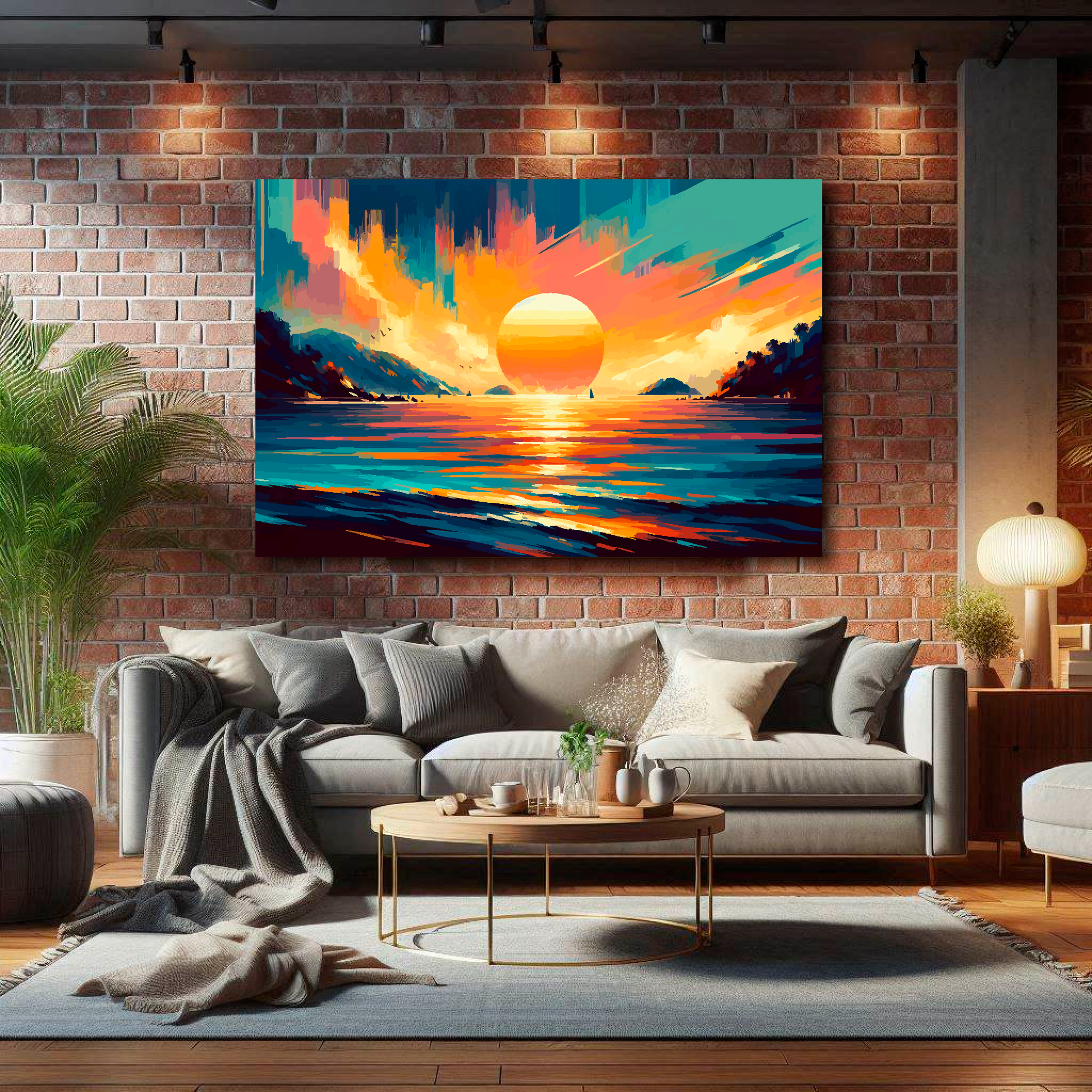 Large Thailand skies canvas on brick wall above grey sofa - bold landscape art UK living room