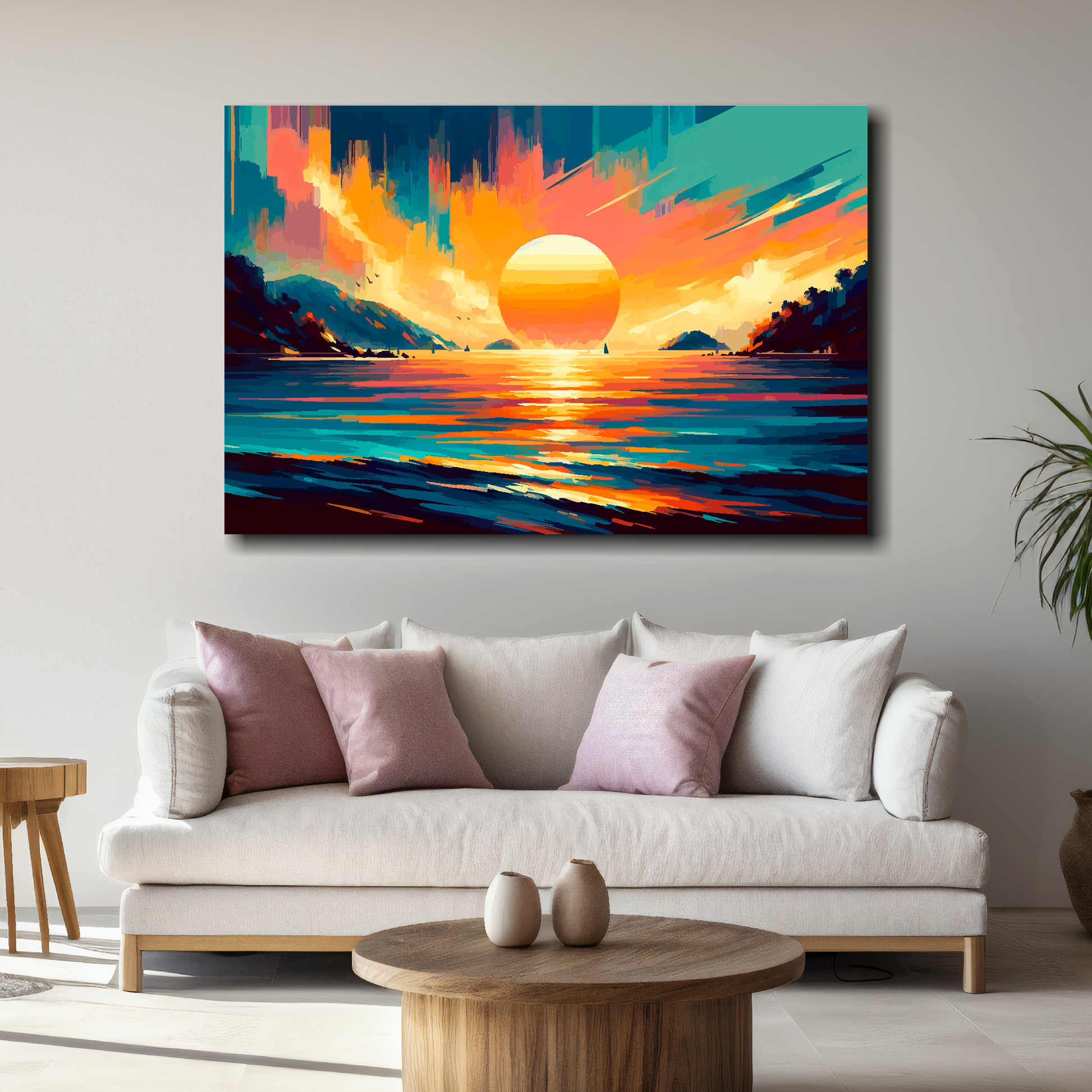 Large Thailand skies canvas above white sofa - vibrant abstract landscape wall art UK