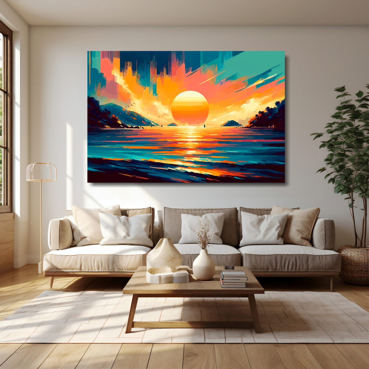 Thailand skies canvas 60x40 inches above cream sofa - XL vibrant landscape wall art UK