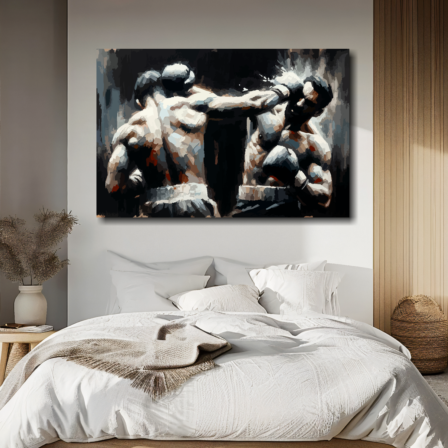 The noble art canvas above bed - colourful boxing wall decor for UK bedrooms