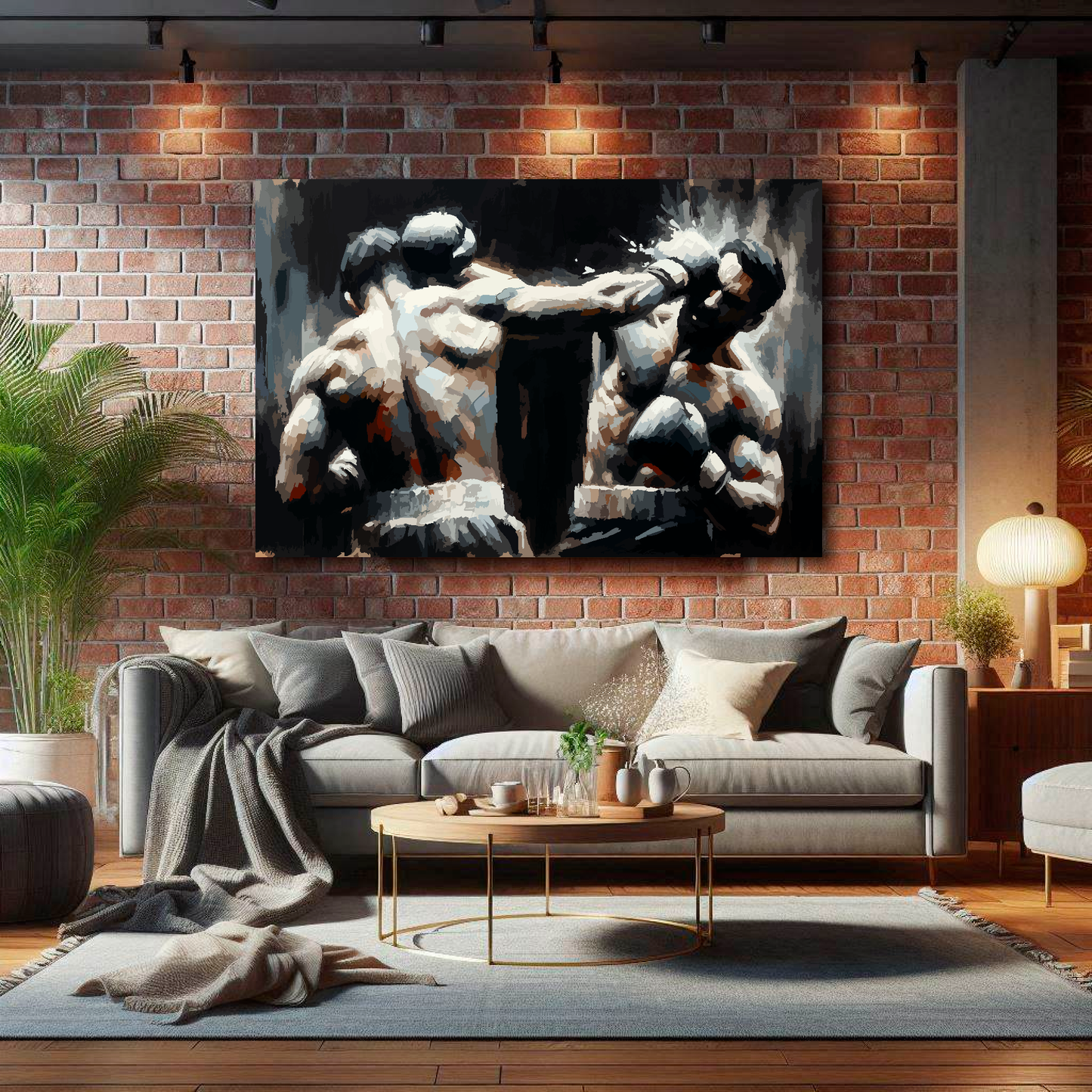 Large the noble art canvas on brick wall above grey sofa - bold boxing art UK living room