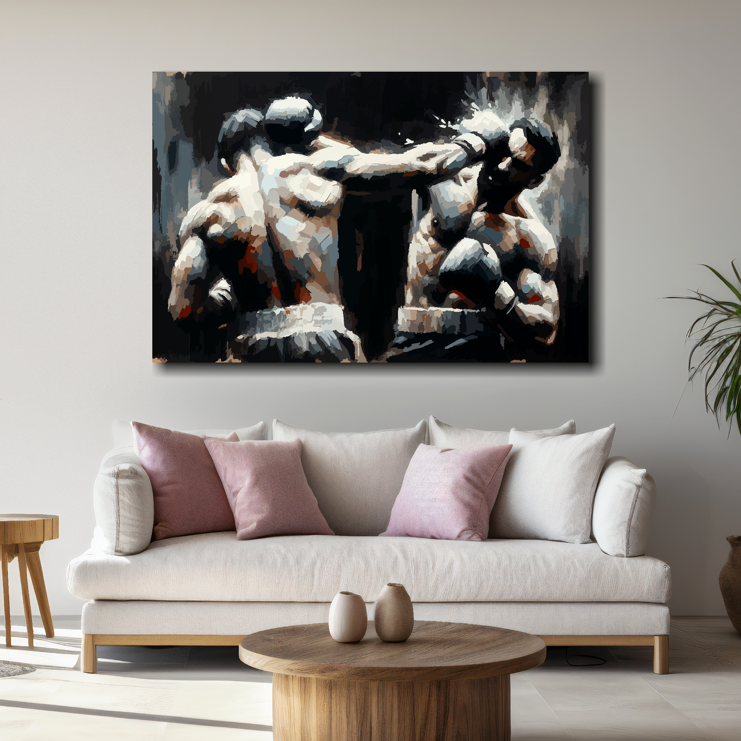Large the noble art canvas above white sofa - vibrant abstract boxing wall art UK