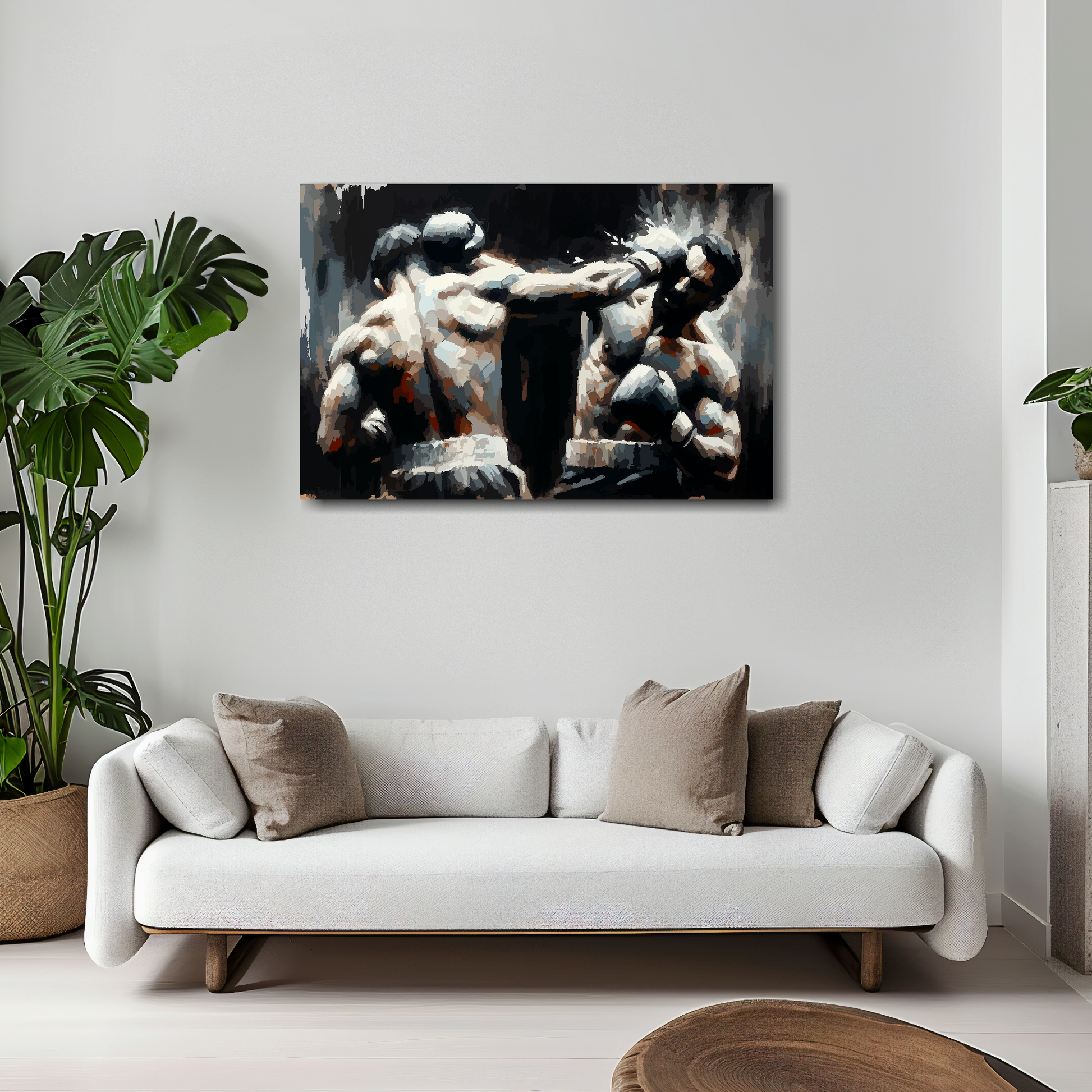 The noble art canvas 30x20 inches above white sofa - vibrant boxing wall art UK