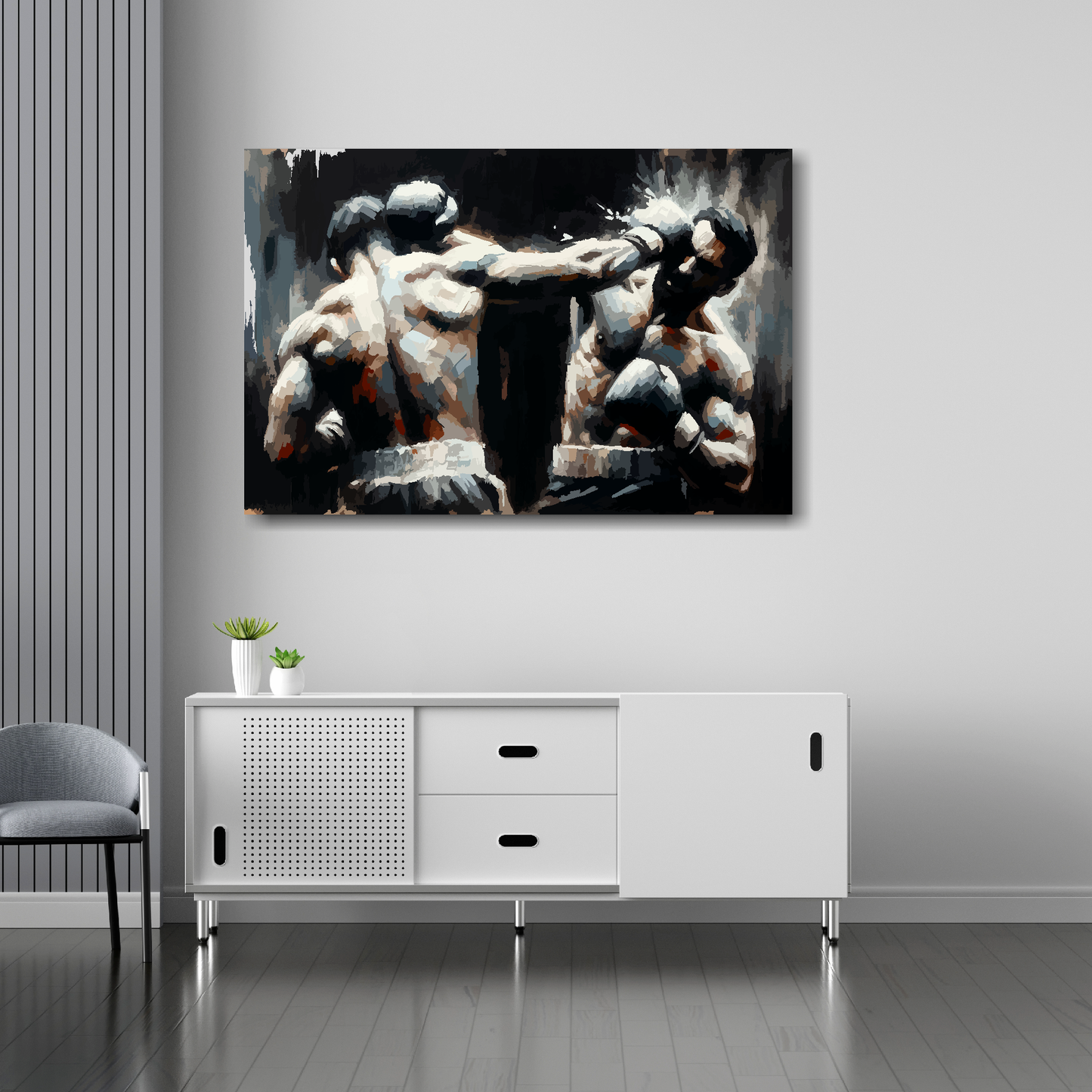 The noble art canvas 36x24 inches above sideboard - large colourful boxing art UK made