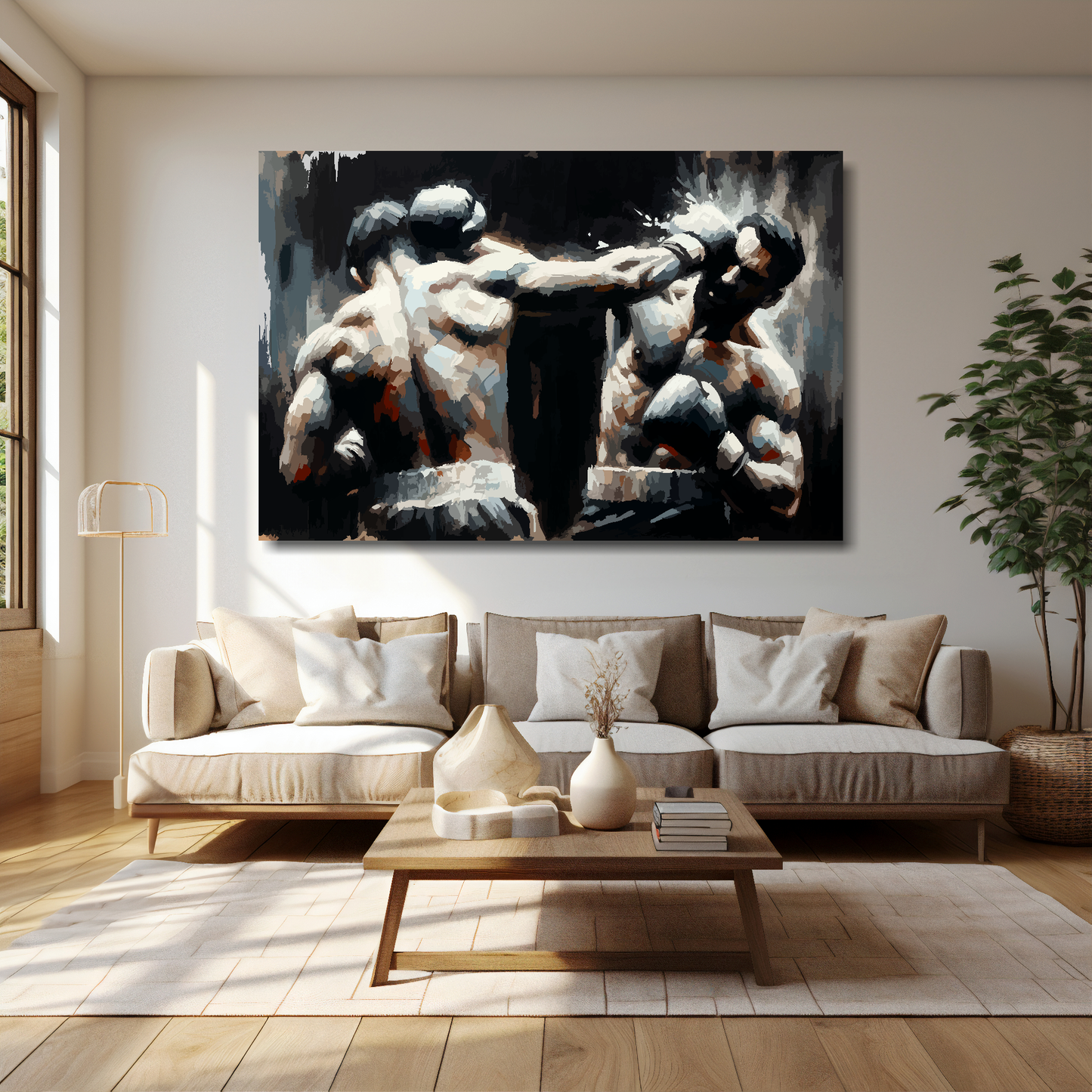 The noble art canvas 60x40 inches above cream sofa - XL vibrant boxing wall art UK