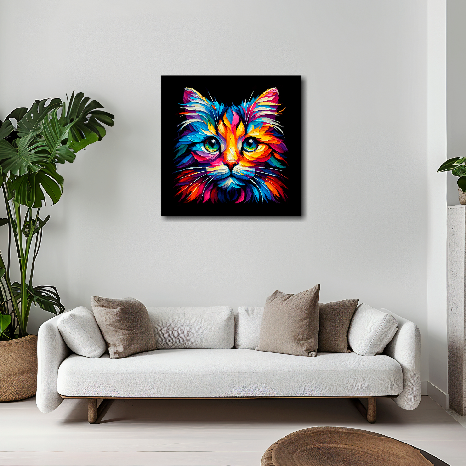 Tiffany cat canvas 20x20 inches above white sofa - vibrant cat portrait wall art UK