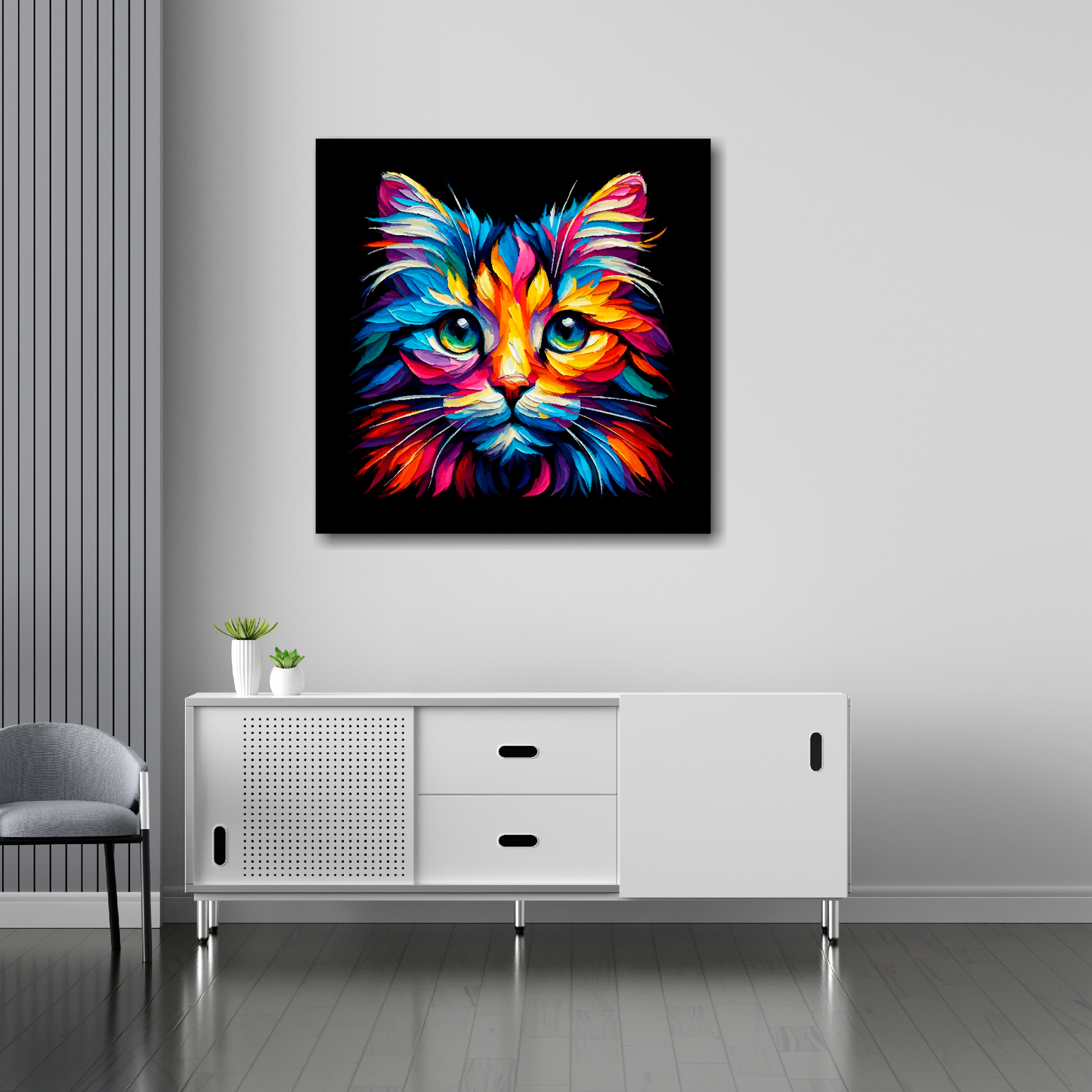 Tiffany cat canvas 30x30 inches above sideboard - large colourful cat portrait UK made