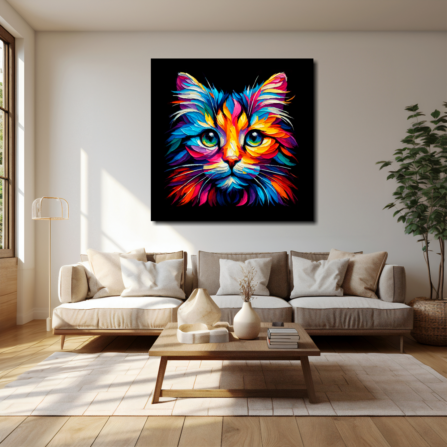 Tiffany cat canvas 40x40 inches above cream sofa - XL vibrant cat wall art UK