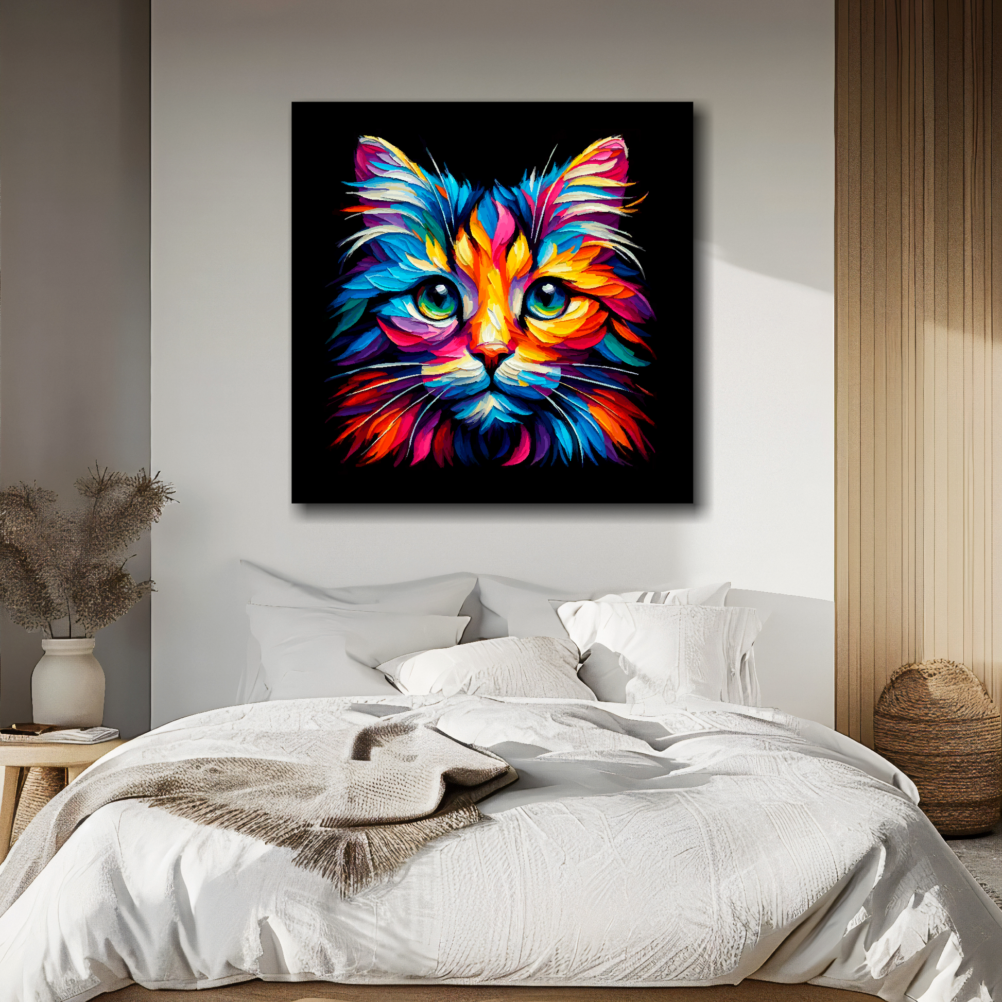 Tiffany cat portrait canvas above bed - colourful cat wall decor for UK bedrooms