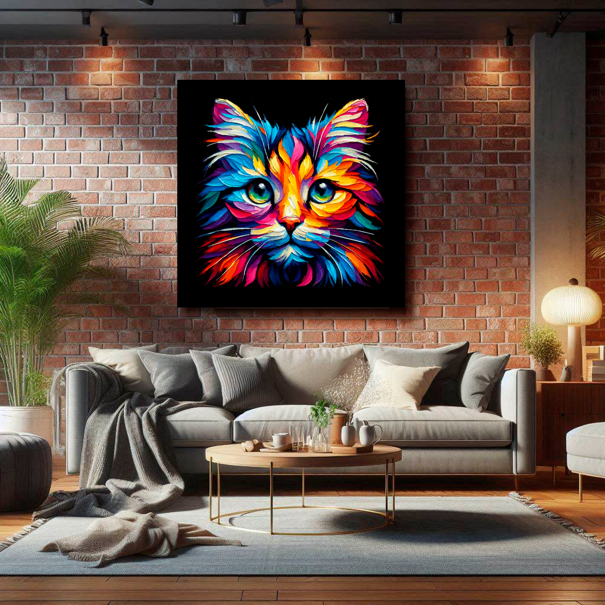 Large Tiffany cat canvas on brick wall above grey sofa - bold cat portrait UK living room