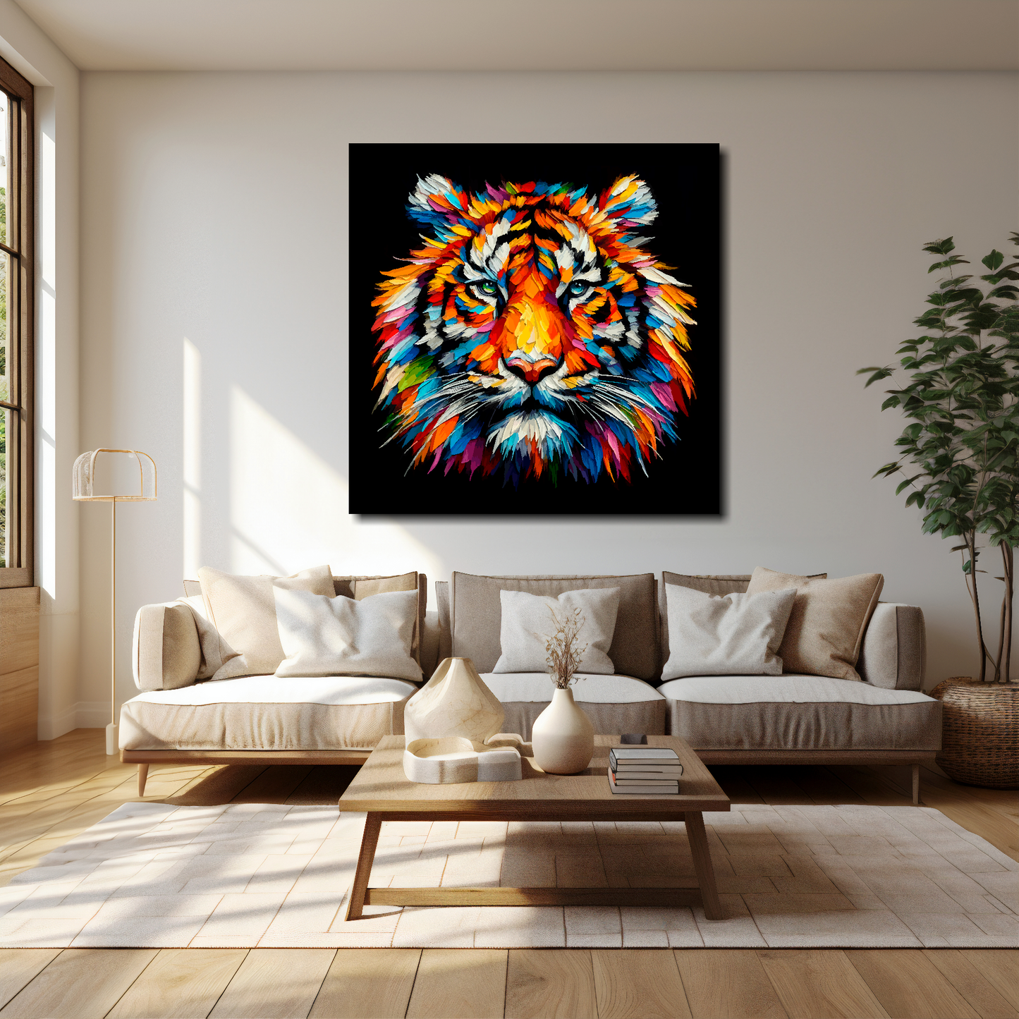 Tiger canvas 40x40 inches above cream sofa - XL vibrant wildlife wall art UK