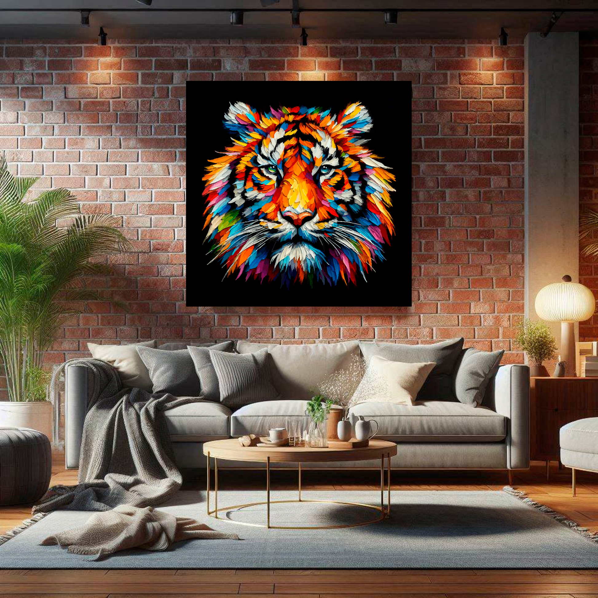 Large Tiger canvas on brick wall above grey sofa - bold wildlife portrait UK living room