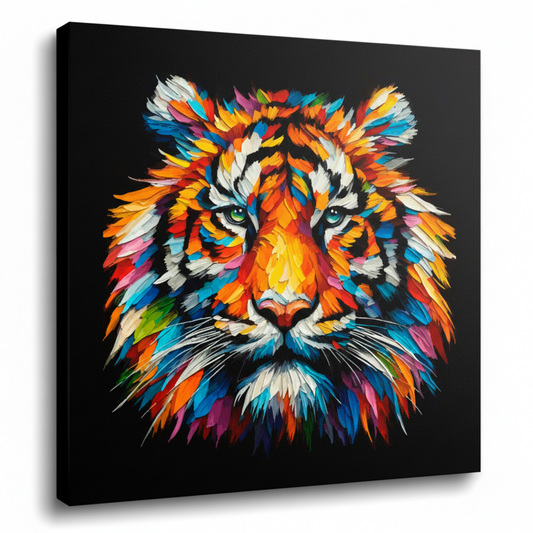 Colourful Tiger wildlife portrait canvas print - UK made abstract animal wall art black background