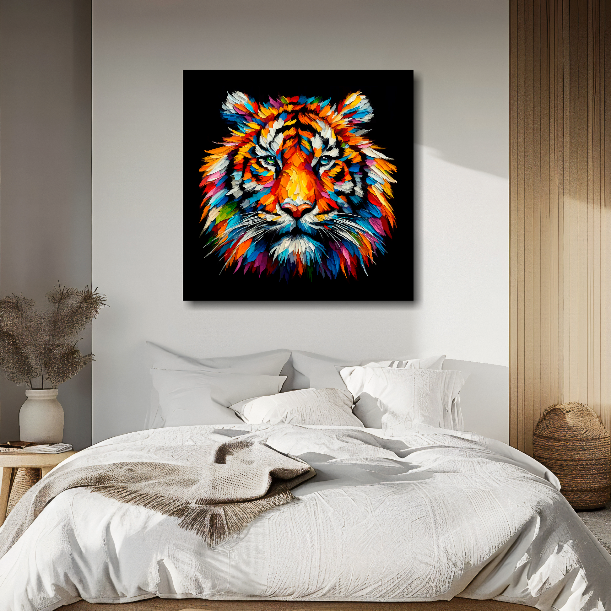 Tiger portrait canvas above bed - colourful wildlife wall decor for UK bedrooms