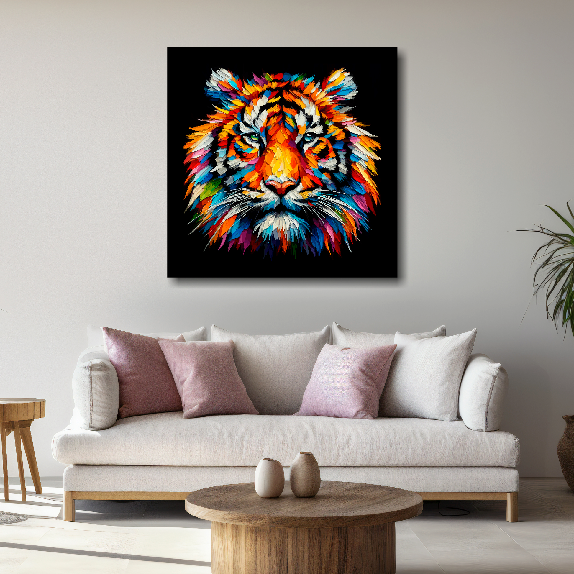 Large Tiger canvas above white sofa - vibrant abstract wildlife portrait wall art UK