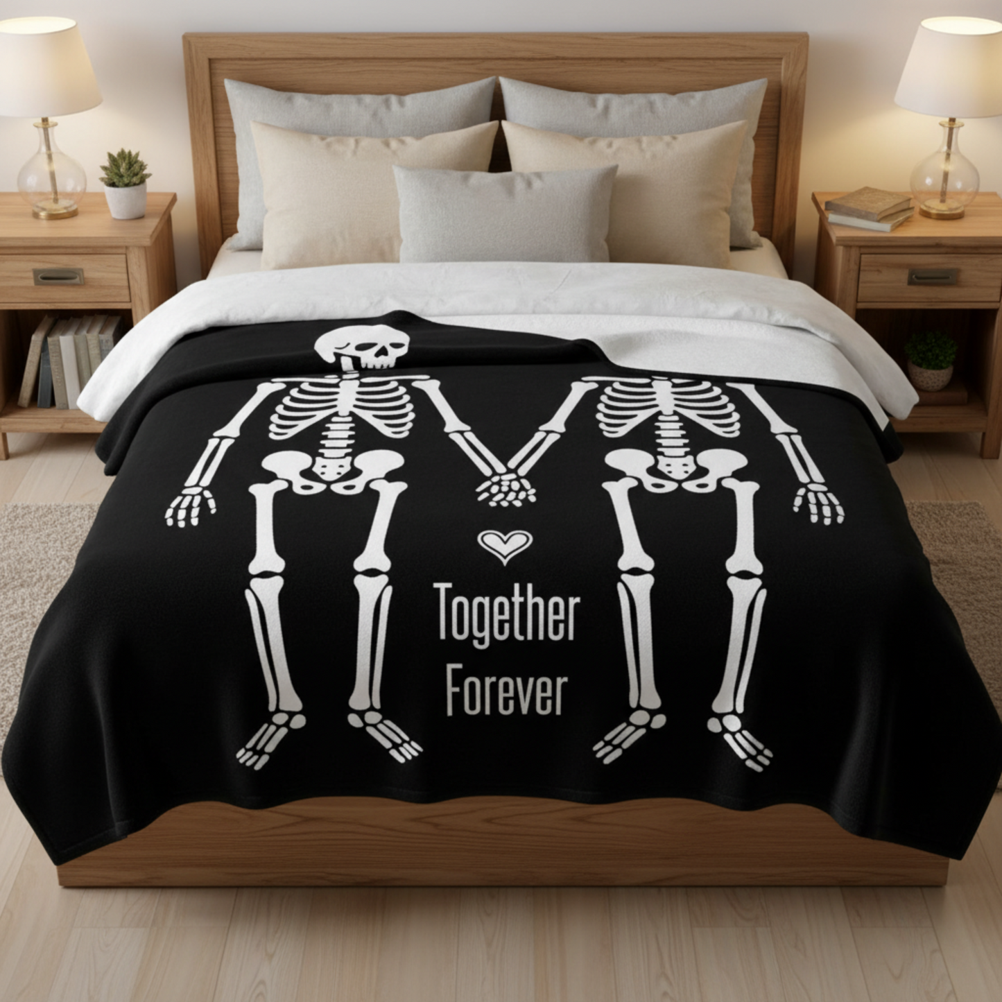 Bed with a black blanket featuring skeletons and 'Together Forever' text in a bedroom setting.