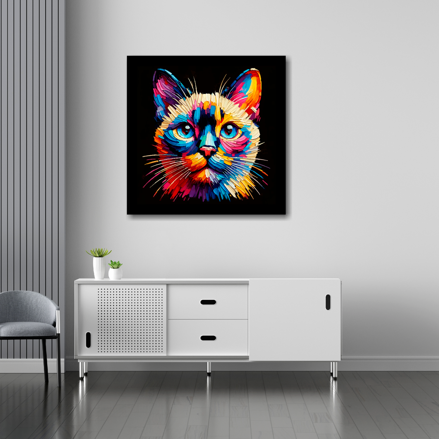 Tonkinese cat canvas 30x30 inches above sideboard - large colourful cat portrait UK made