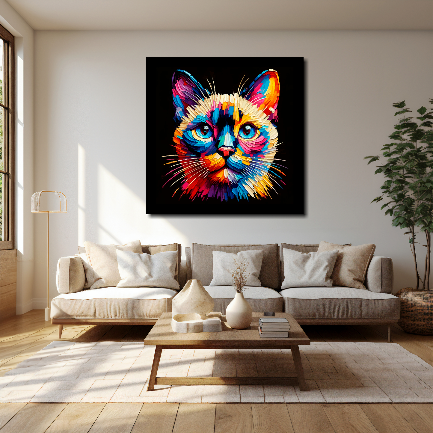 Tonkinese cat canvas 40x40 inches above cream sofa - XL vibrant cat wall art UK