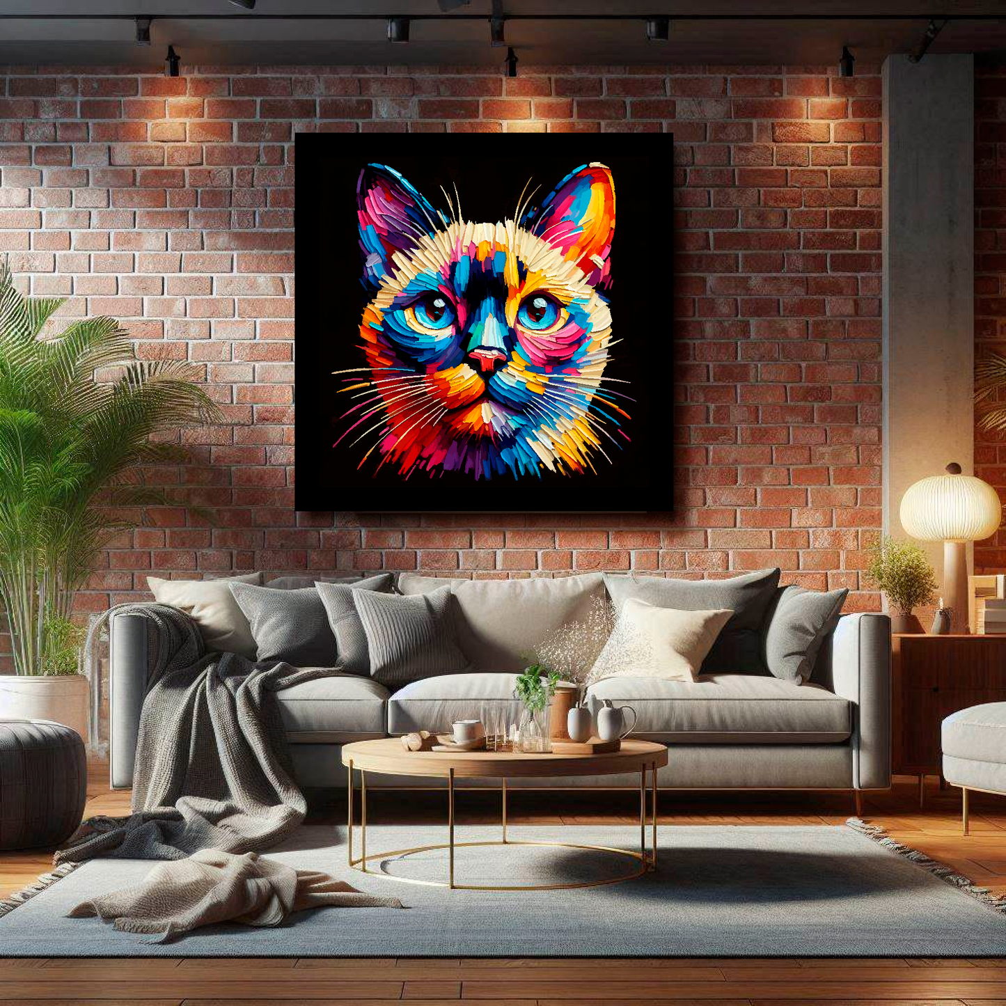 Large Tonkinese cat canvas on brick wall above grey sofa - bold cat portrait UK living room