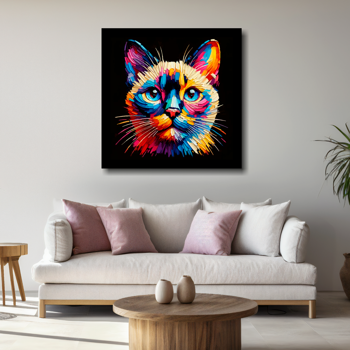 Large Tonkinese cat canvas above white sofa - vibrant abstract cat portrait wall art UK