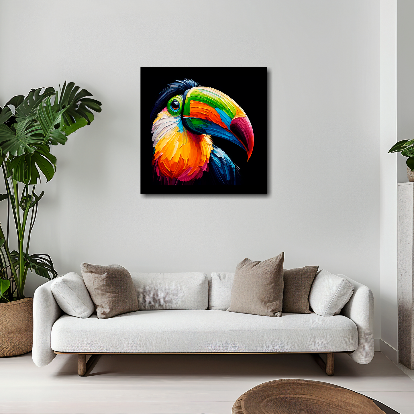 Toucan canvas 20x20 inches above white sofa - vibrant bird portrait wall art UK