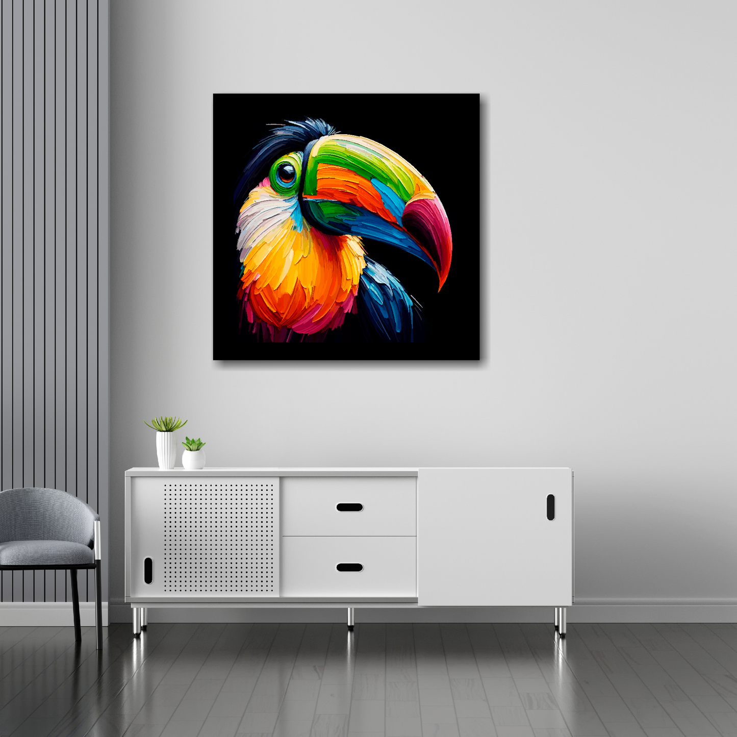 Toucan canvas 30x30 inches above sideboard - large colourful bird portrait UK made