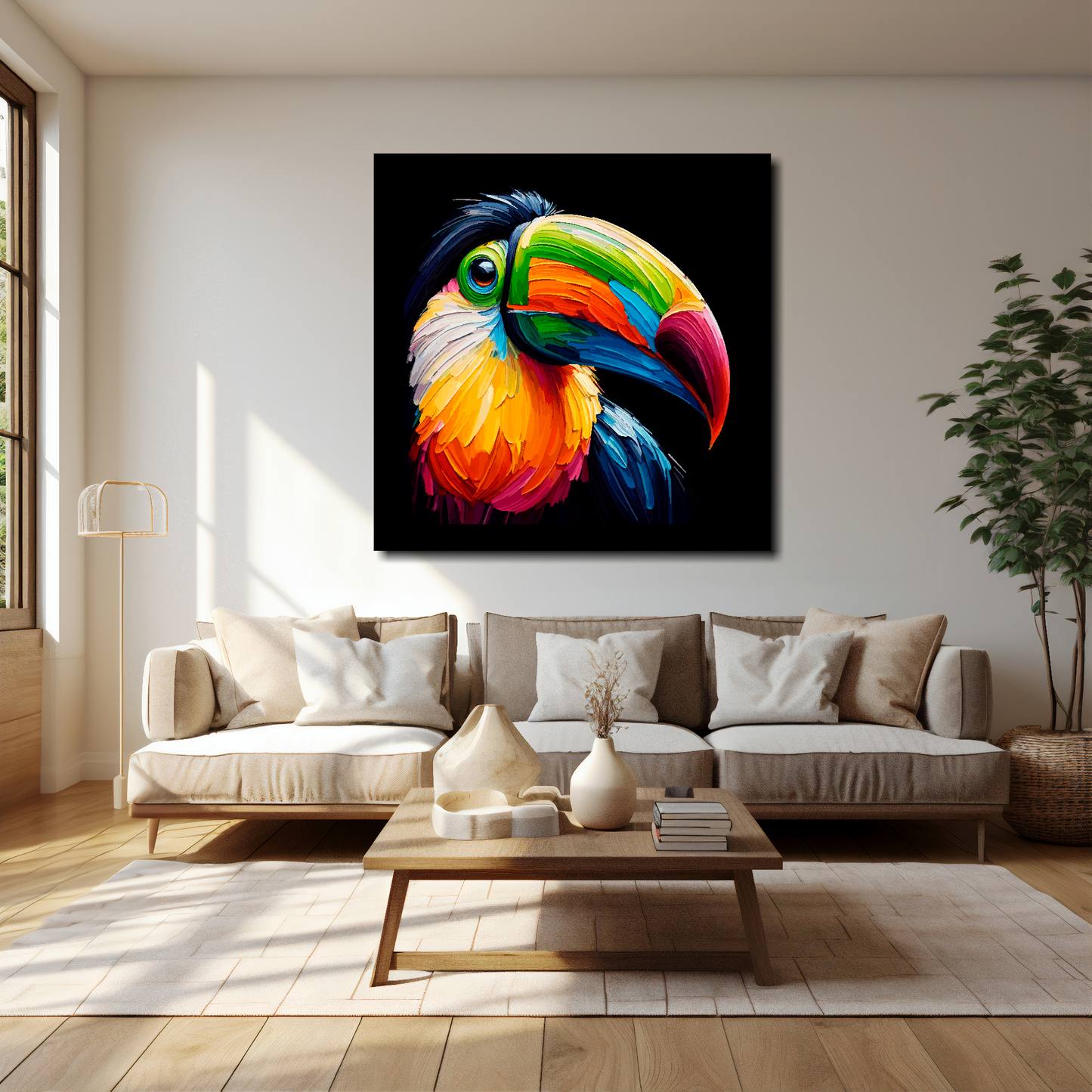 Toucan canvas 40x40 inches above cream sofa - XL vibrant bird wall art UK