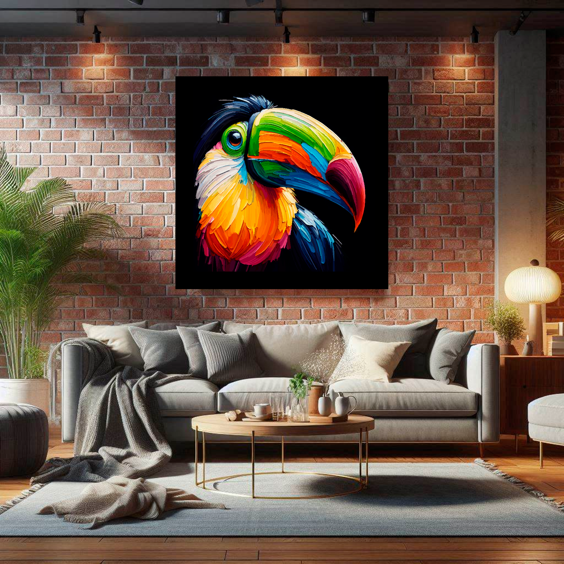 Large Toucan canvas on brick wall above grey sofa - bold bird portrait UK living room