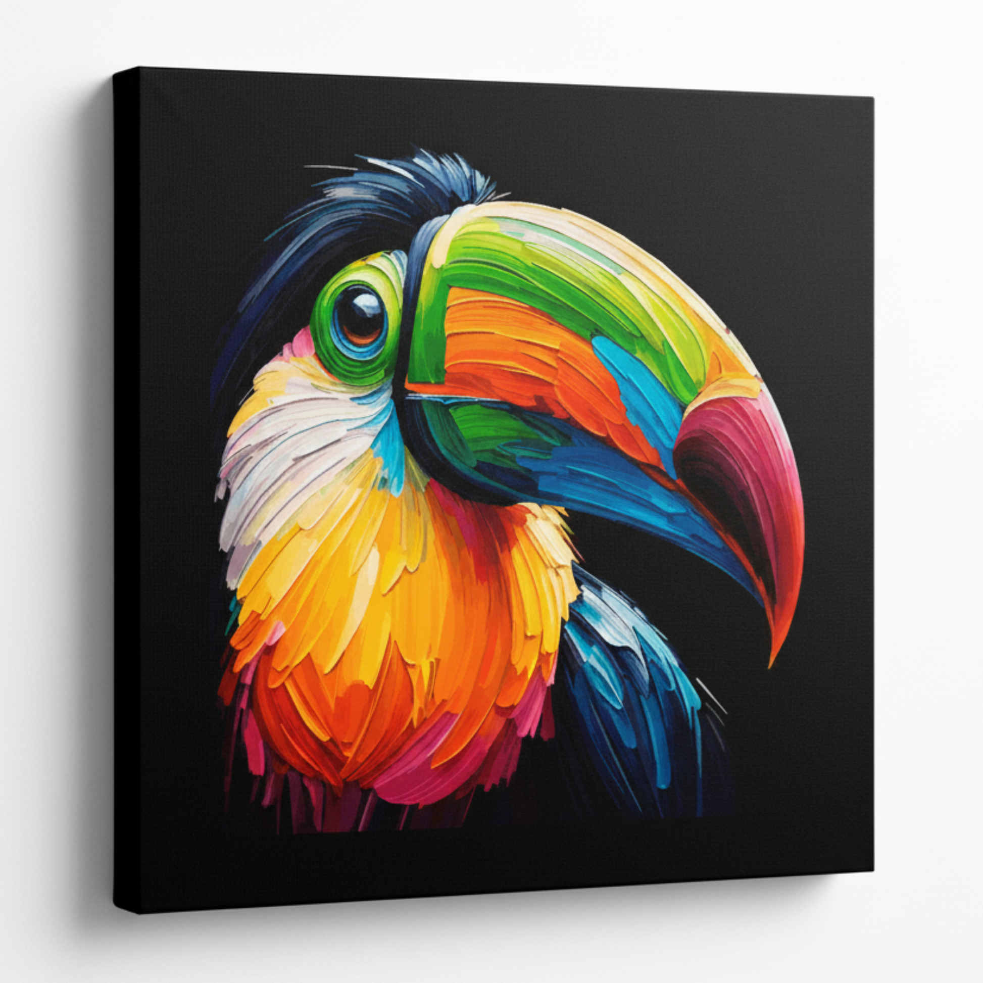 Colourful Toucan bird portrait canvas print - UK made abstract wildlife wall art black background